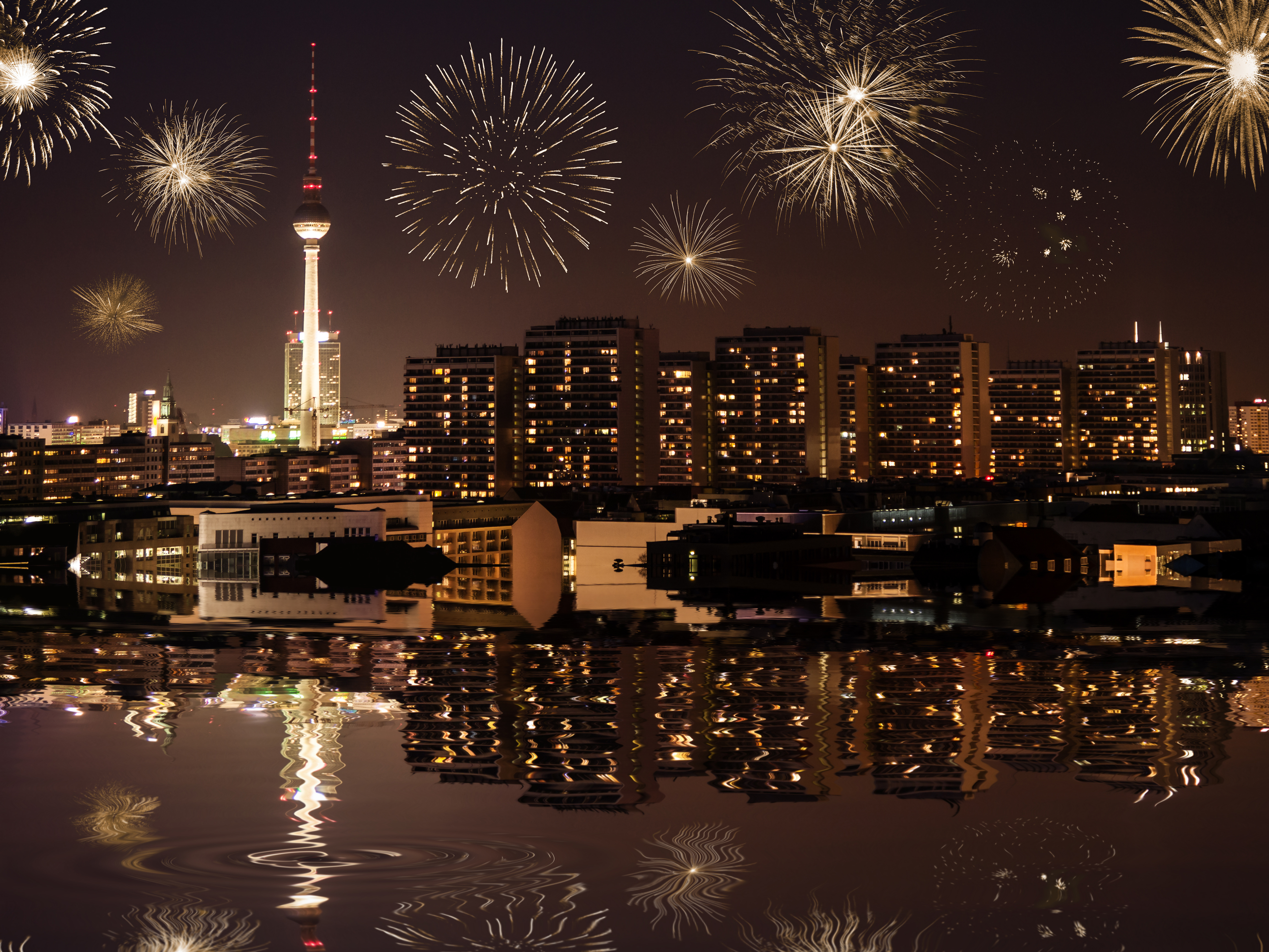 Free download wallpaper Night, Berlin, City, Building, Reflection, Fireworks, Germany, Photography on your PC desktop