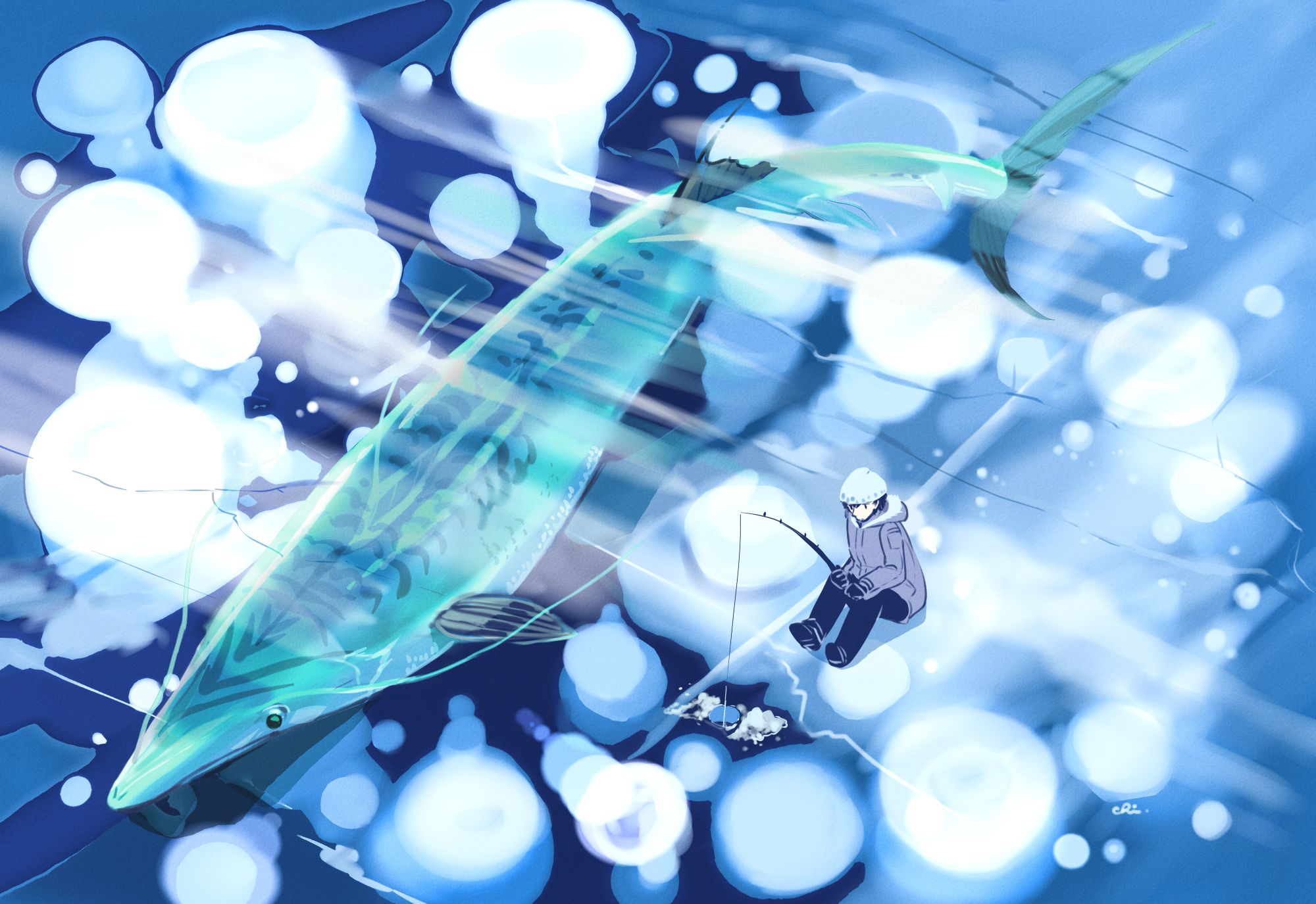 Download mobile wallpaper Anime, Winter, Ice, Animal, Fish, Fisherman for free.