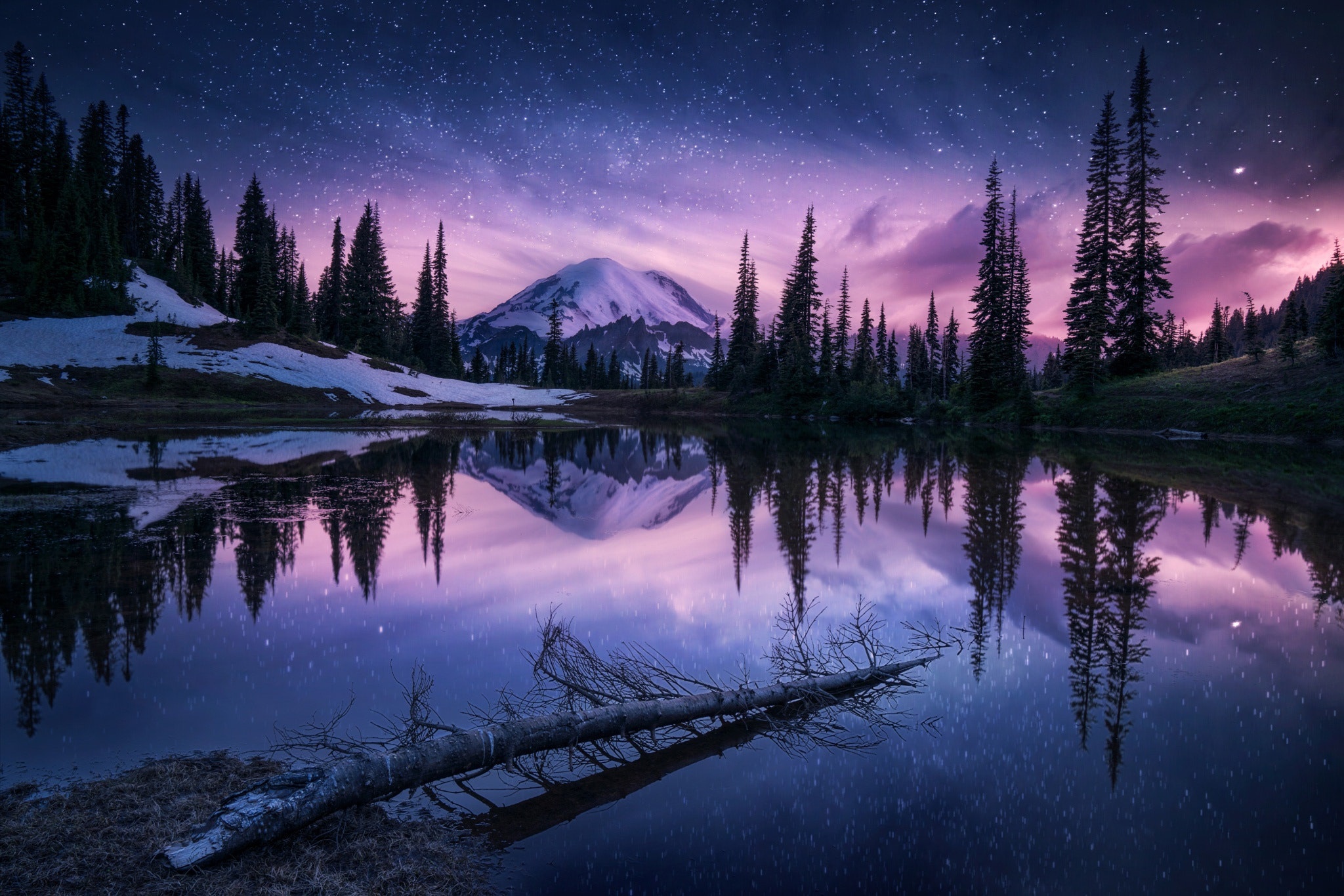 Download mobile wallpaper Winter, Nature, Sky, Night, Lake, Reflection, Tree, Starry Sky, Earth for free.