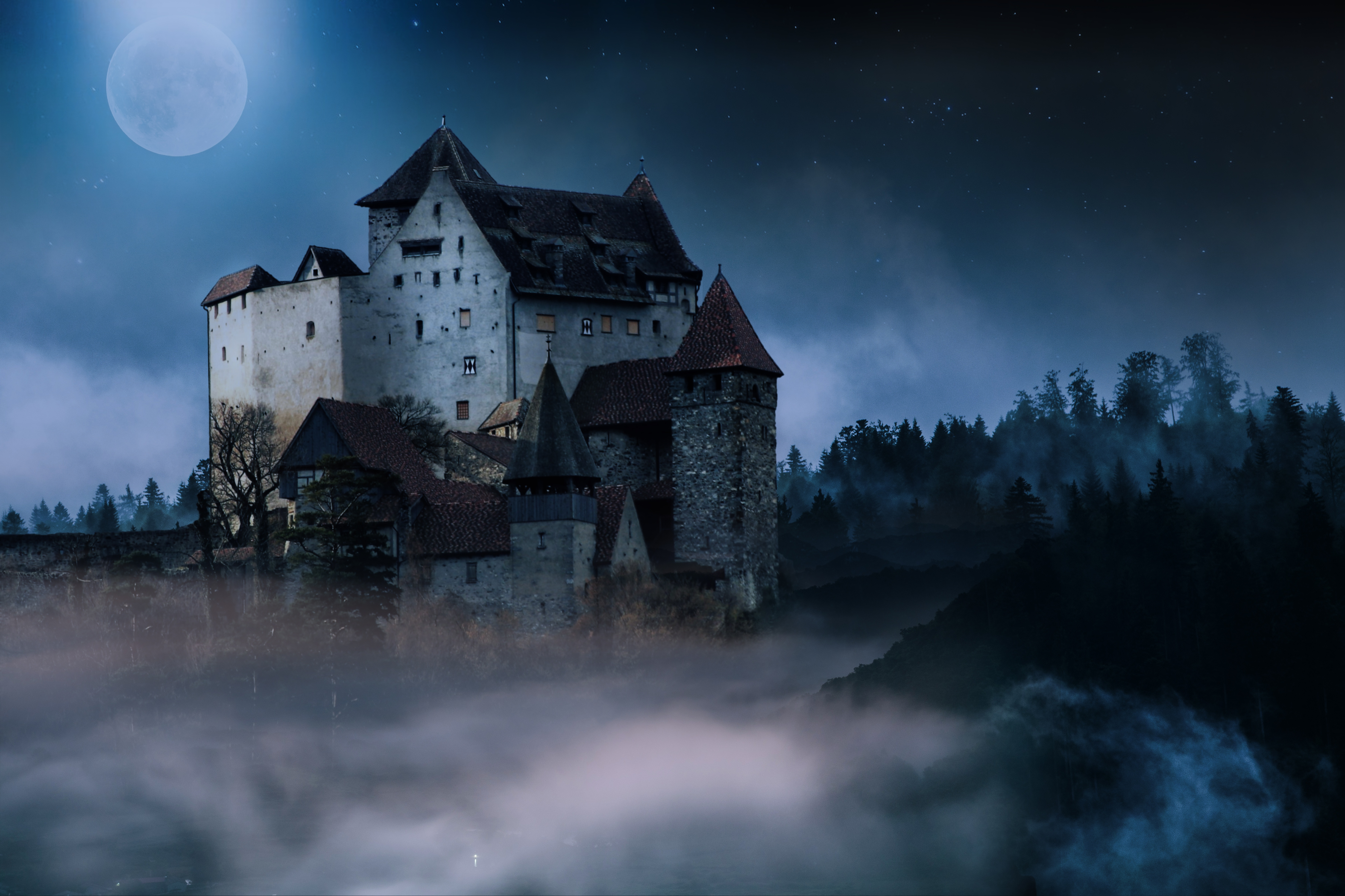 Baixe gratuitamente a imagem Noite, Castelos, Lua Cheia, Castelo, Feito Pelo Homem, Neblina na área de trabalho do seu PC