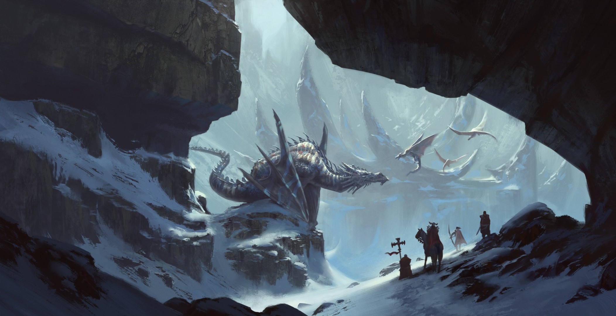 Download mobile wallpaper Winter, Fantasy, Mountain, Cliff, Dragon for free.