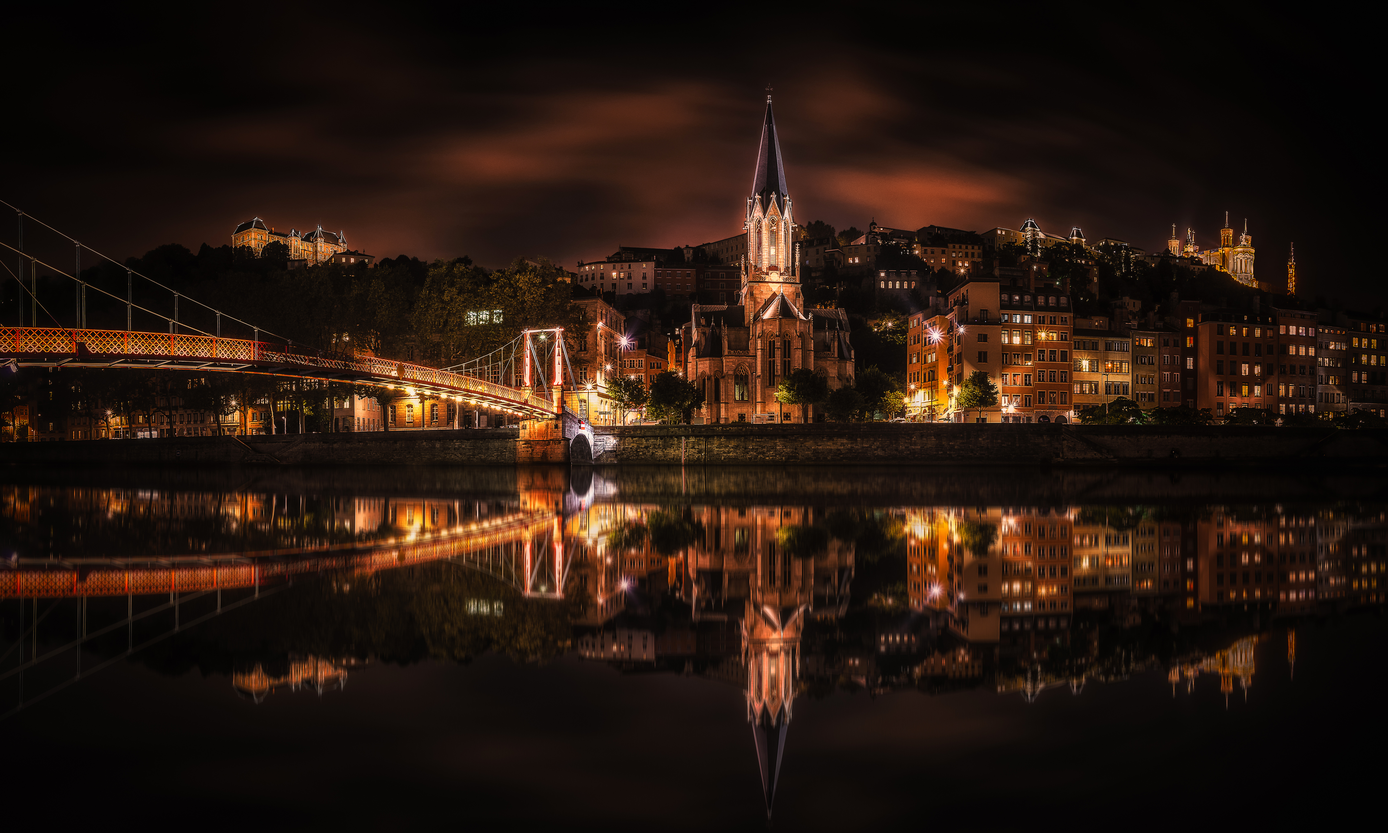 Download mobile wallpaper Night, Building, Reflection, Church, River, Town, Man Made, Towns for free.