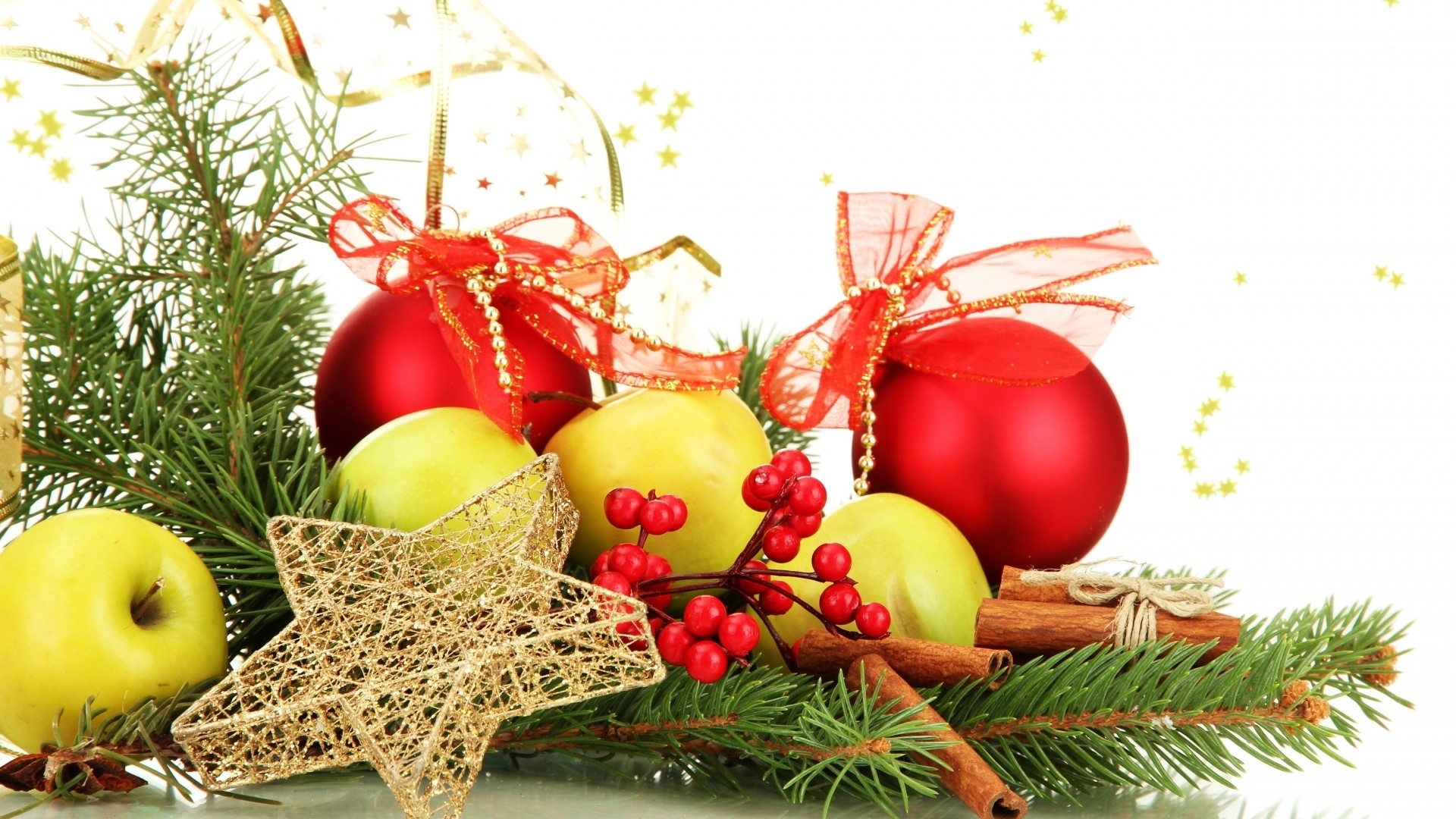 Download mobile wallpaper Fruits, Food, Apple, Cinnamon, Christmas, Decoration, Star, Bauble for free.
