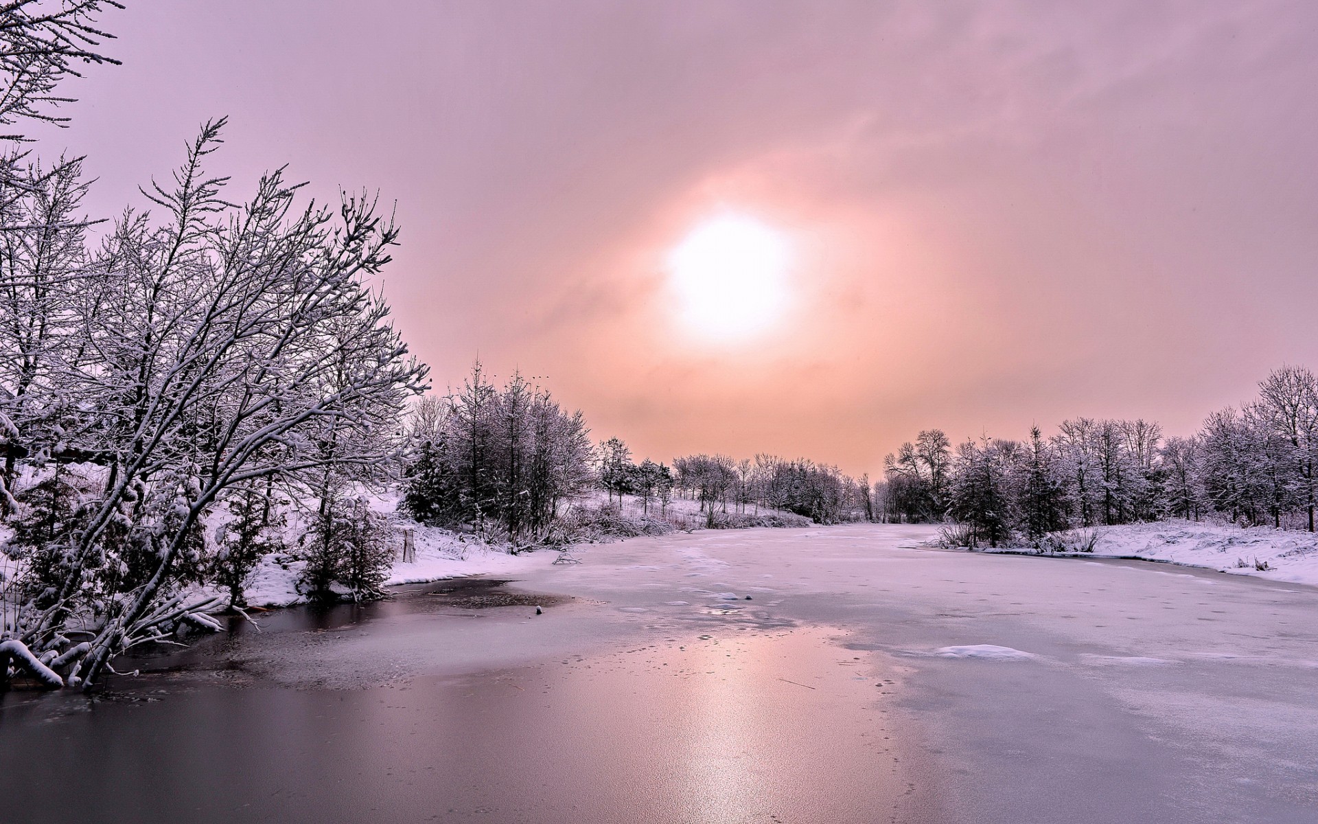 PCデスクトップに風景, 冬, 川, 氷, 雪, 地球, 太陽画像を無料でダウンロード