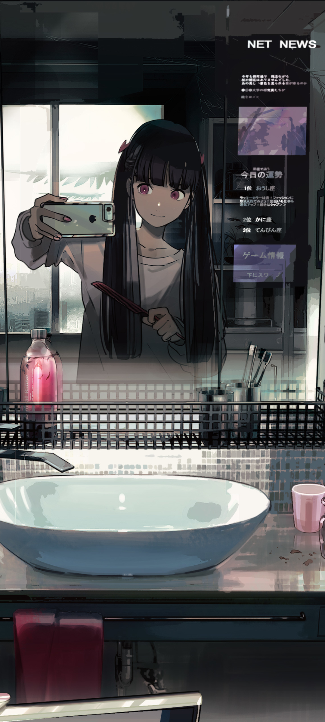 anime, room, twintails, selfie, long hair, black hair, bathroom, smartphone HD wallpaper