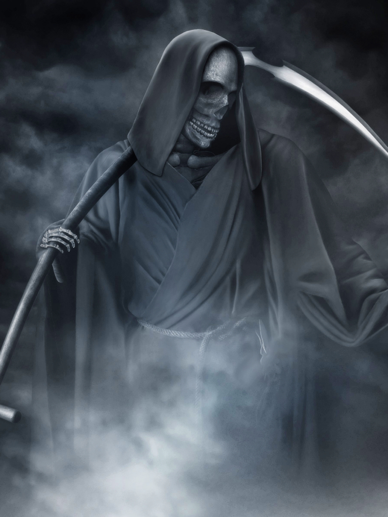Download mobile wallpaper Death, Dark, Crow, Skeleton, Grim Reaper, Scythe for free.