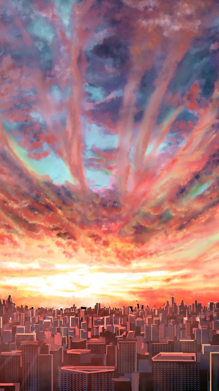 Download mobile wallpaper Anime, Sunset, Sky, City, Cityscape, Cloud for free.