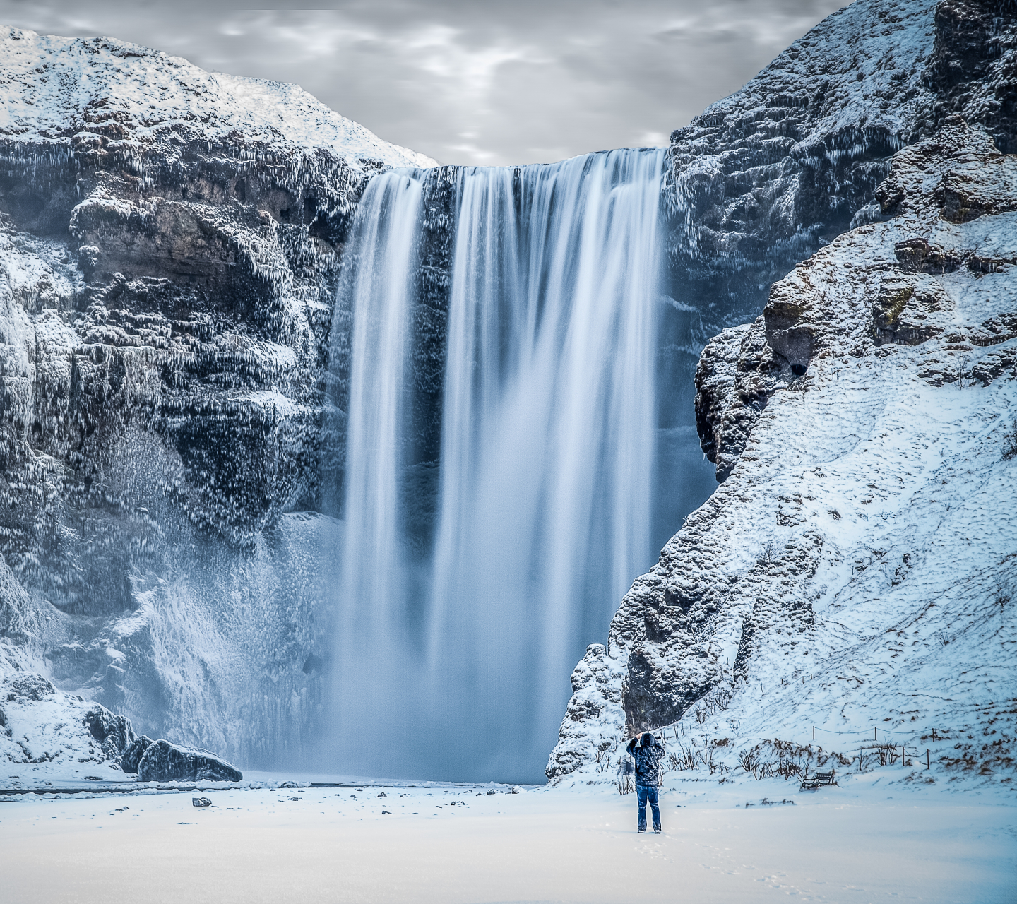 Download mobile wallpaper Winter, Waterfalls, Snow, Waterfall, Earth, Arctic, Iceland, Skógafoss, Skógafoss Waterfall for free.