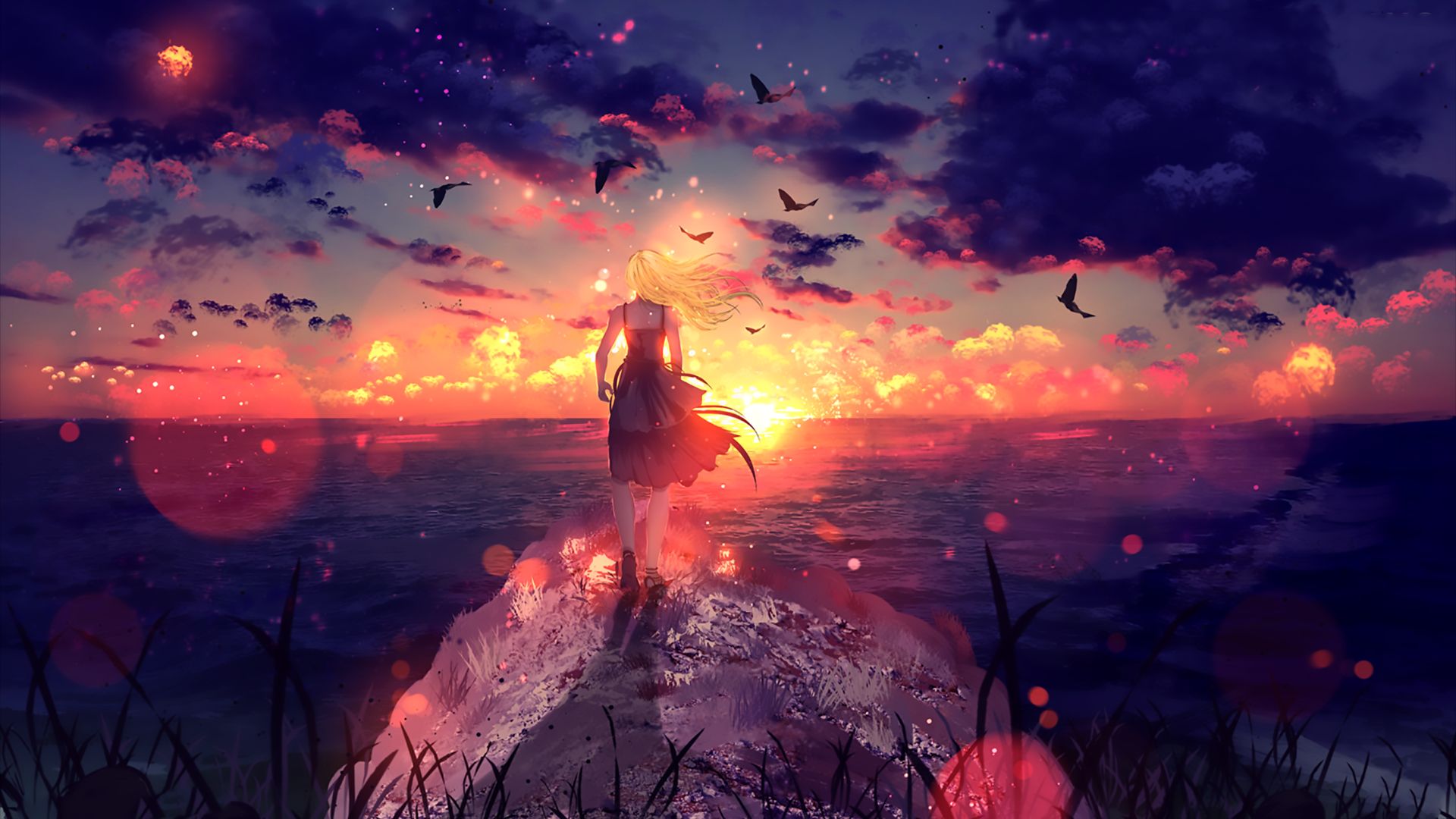 Download mobile wallpaper Anime, Sunset, Sky, Bird, Cloud, Blonde, Original for free.