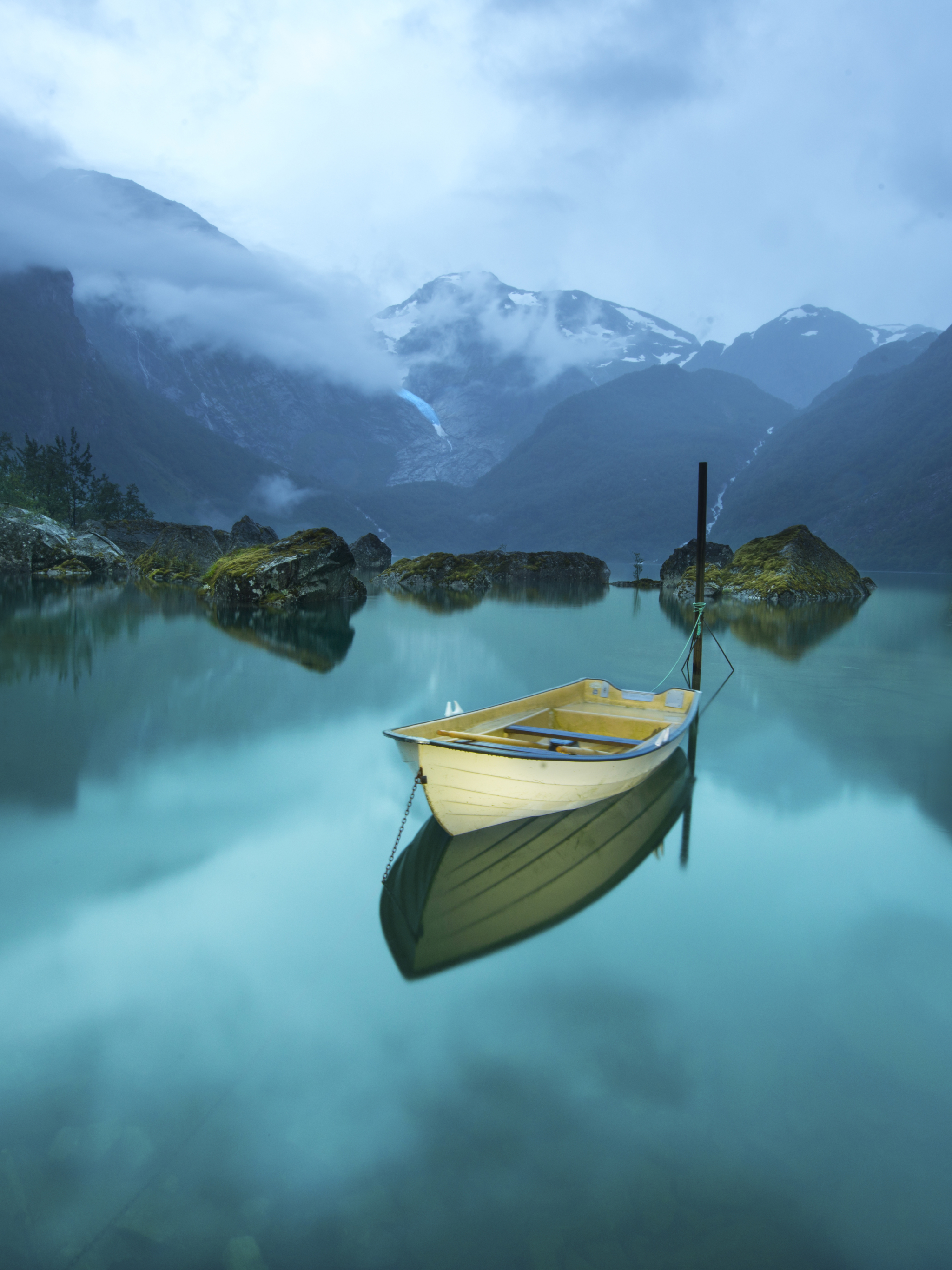 Download mobile wallpaper Mountain, Lake, Reflection, Fog, Boat, Vehicles for free.