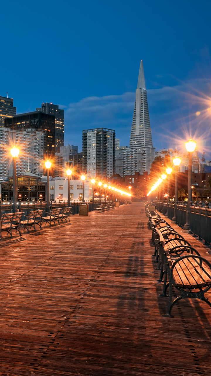 Download mobile wallpaper City, Building, Pier, Hdr, Bench, San Francisco, Photography, Lamp Post for free.