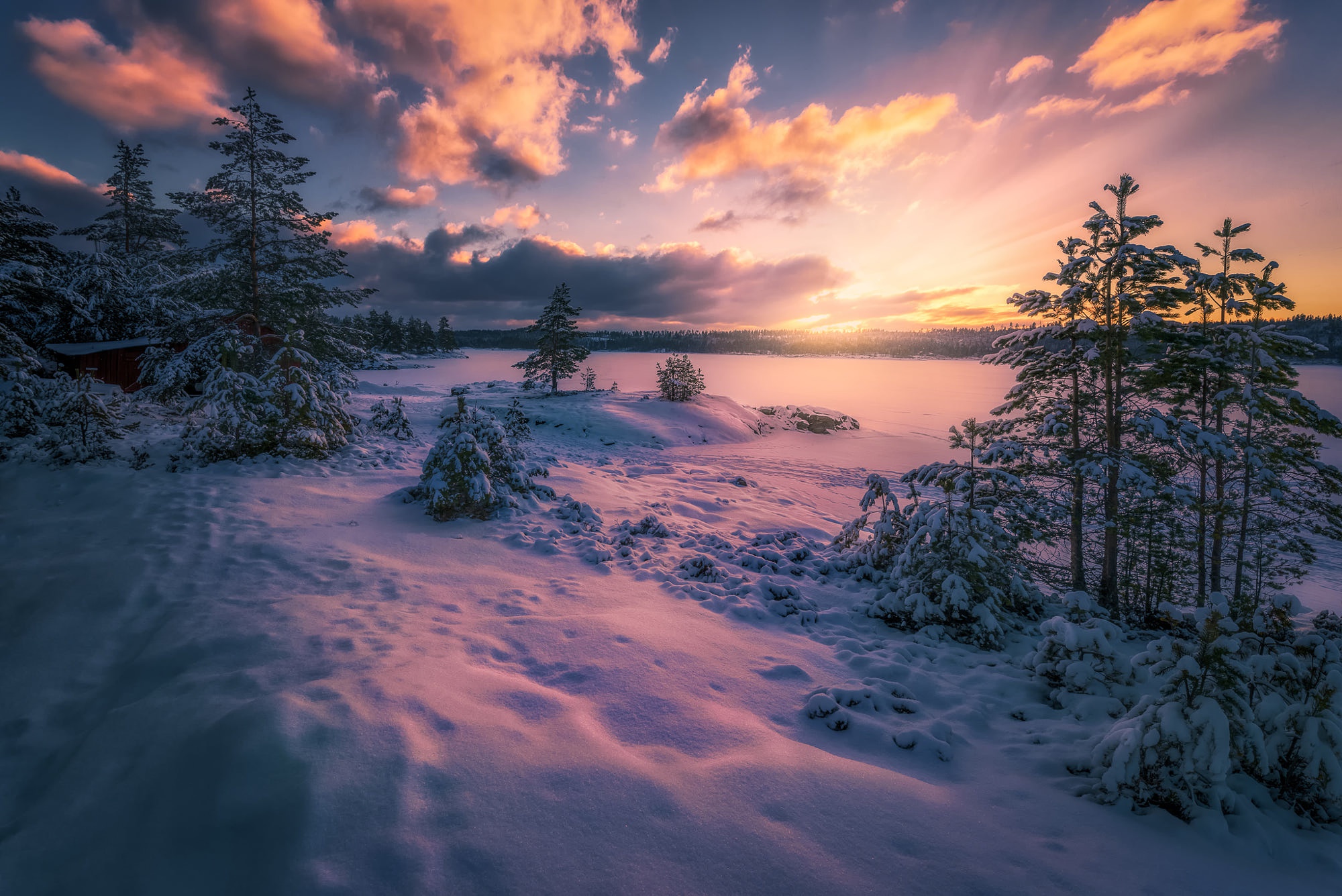 Download mobile wallpaper Landscape, Winter, Nature, Snow, Sunrise, Earth for free.