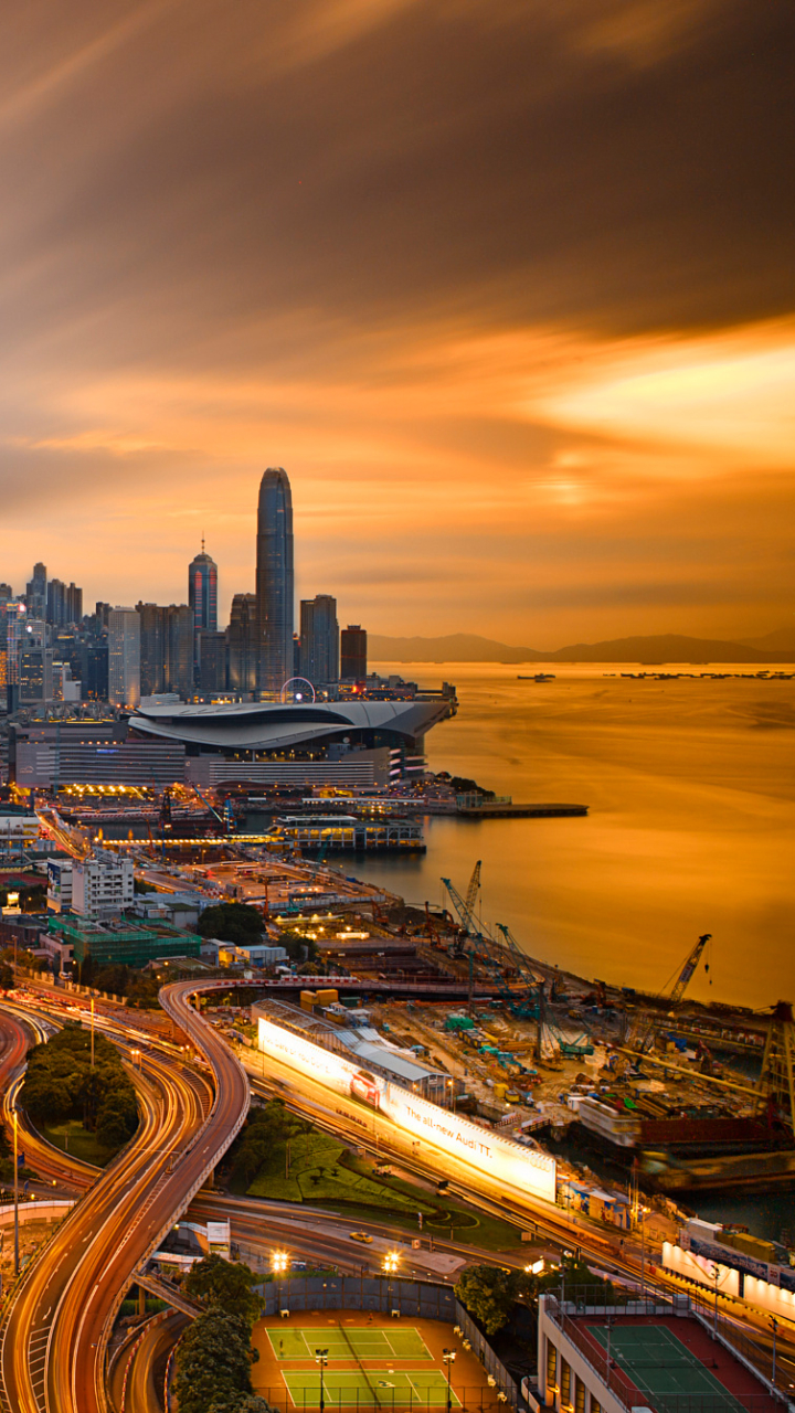 Download mobile wallpaper Cities, Sunset, City, Megapolis, China, Hong Kong, Victoria Harbour, Man Made for free.