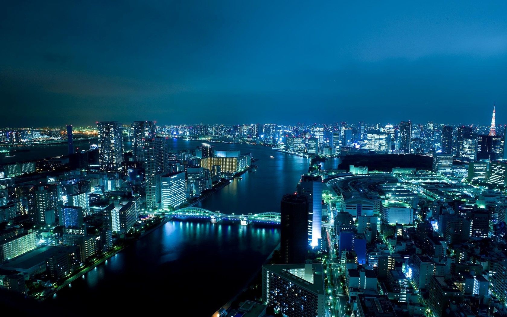 Скачать обои бесплатно Ночь, Города, Здание, Токио, Река картинка на рабочий стол ПК