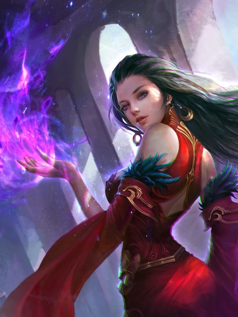 Download mobile wallpaper Fantasy, Witch, Sorceress, Purple Eyes, Red Dress for free.