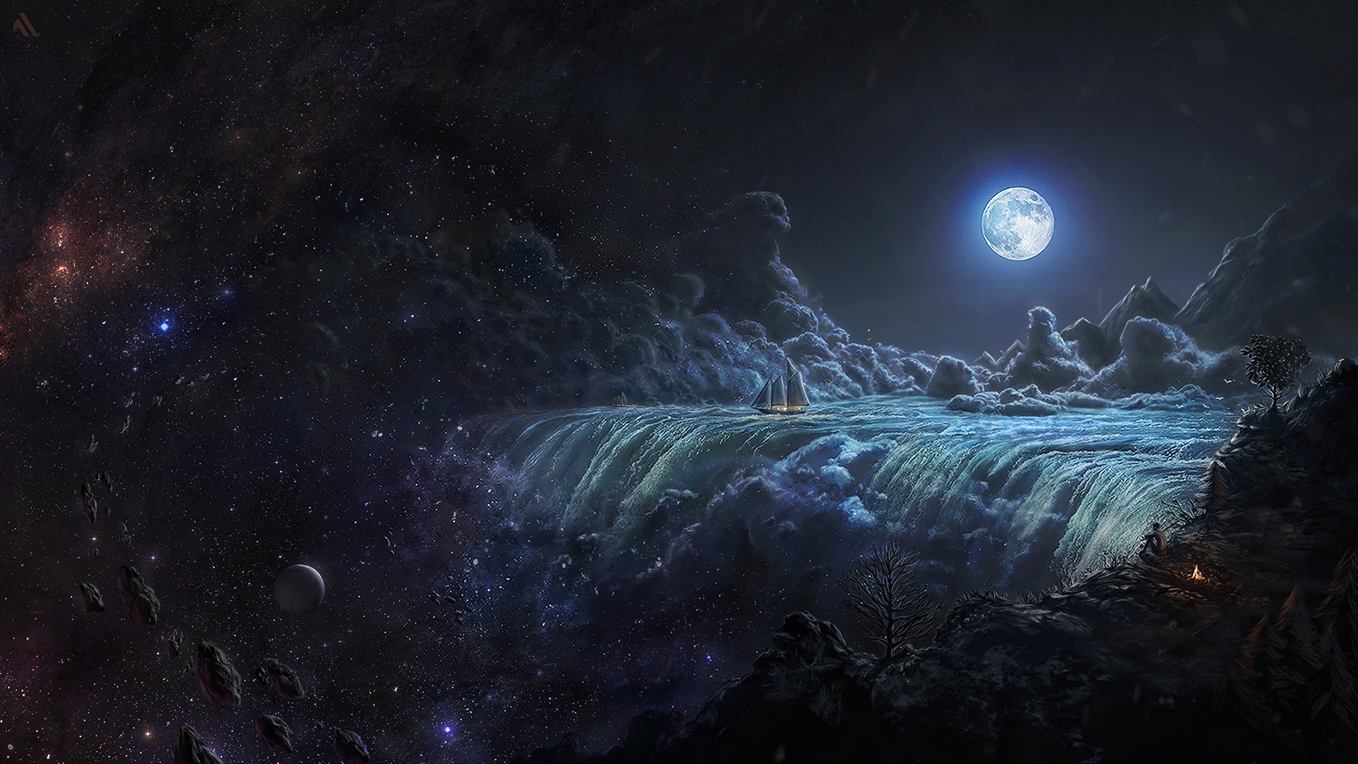 Laden Sie das Fantasie, Mond, Wasserfall, Schiff, Wolke-Bild kostenlos auf Ihren PC-Desktop herunter