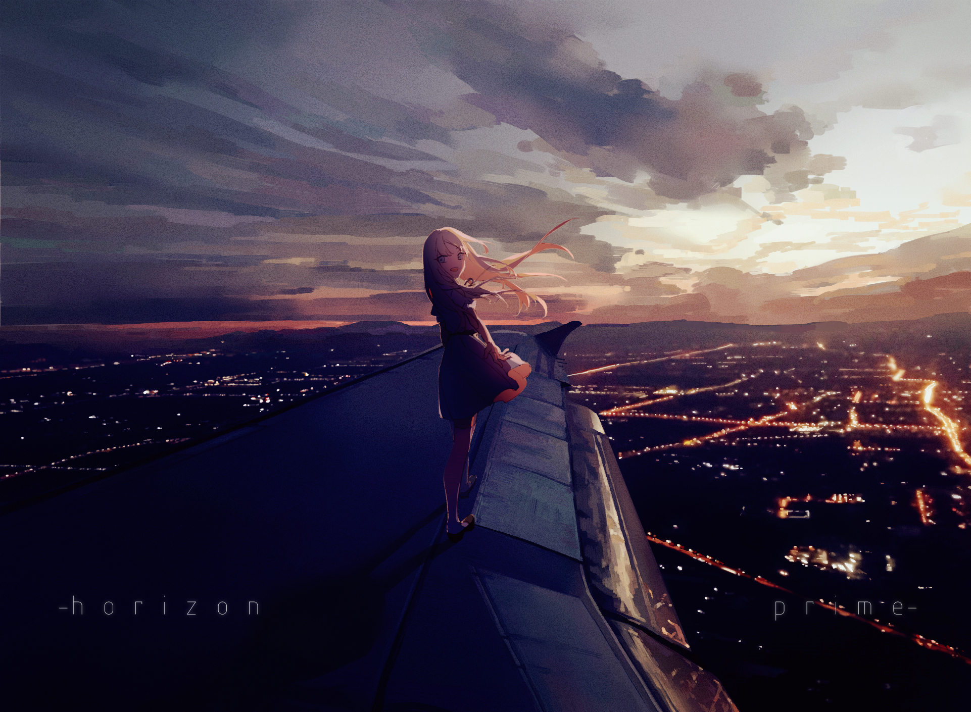 Download mobile wallpaper Anime, City, Airplane, Blonde, Original, Long Hair for free.