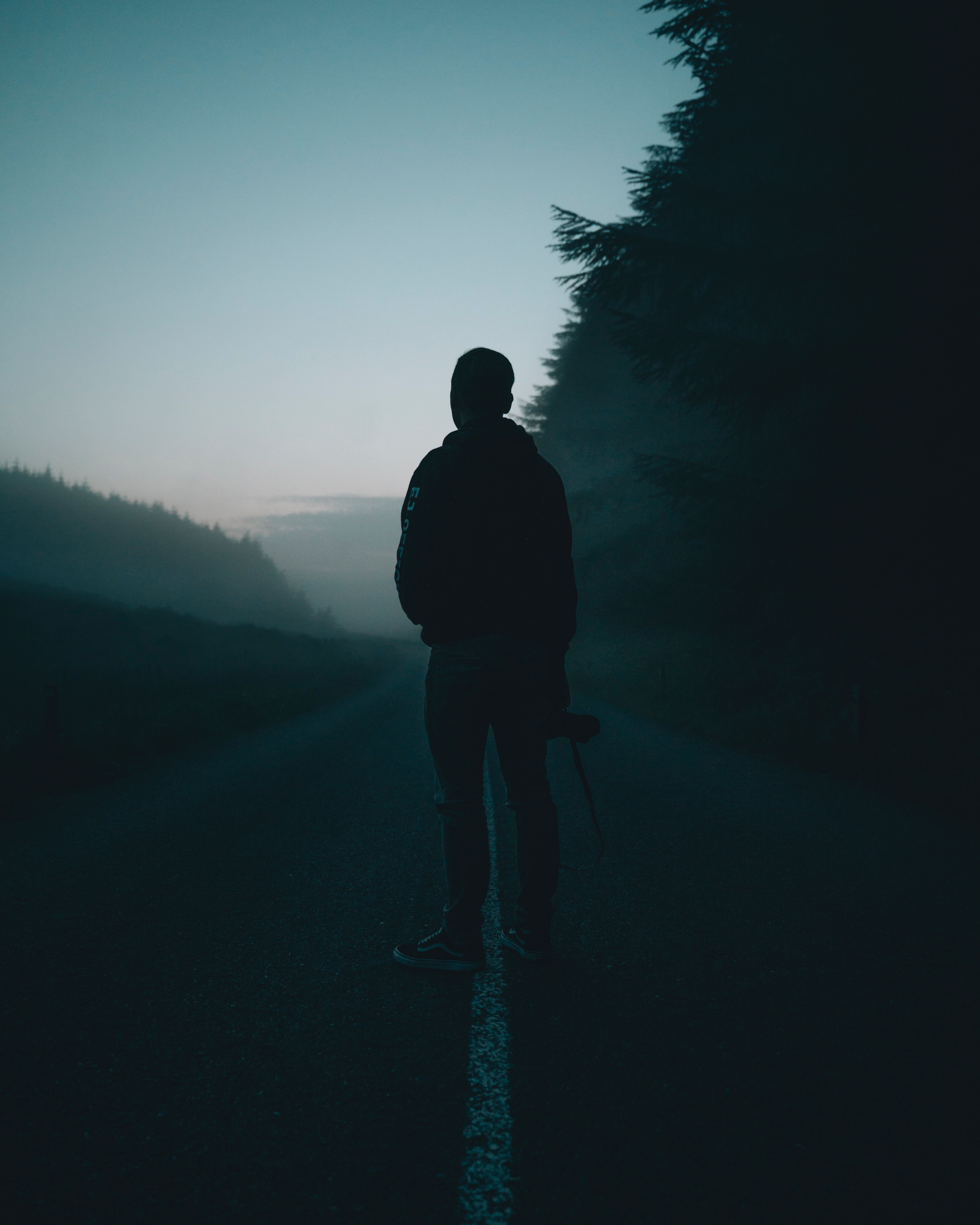 Download mobile wallpaper Human, Fog, Road, Dusk, Twilight, Person, Loneliness, Dark for free.
