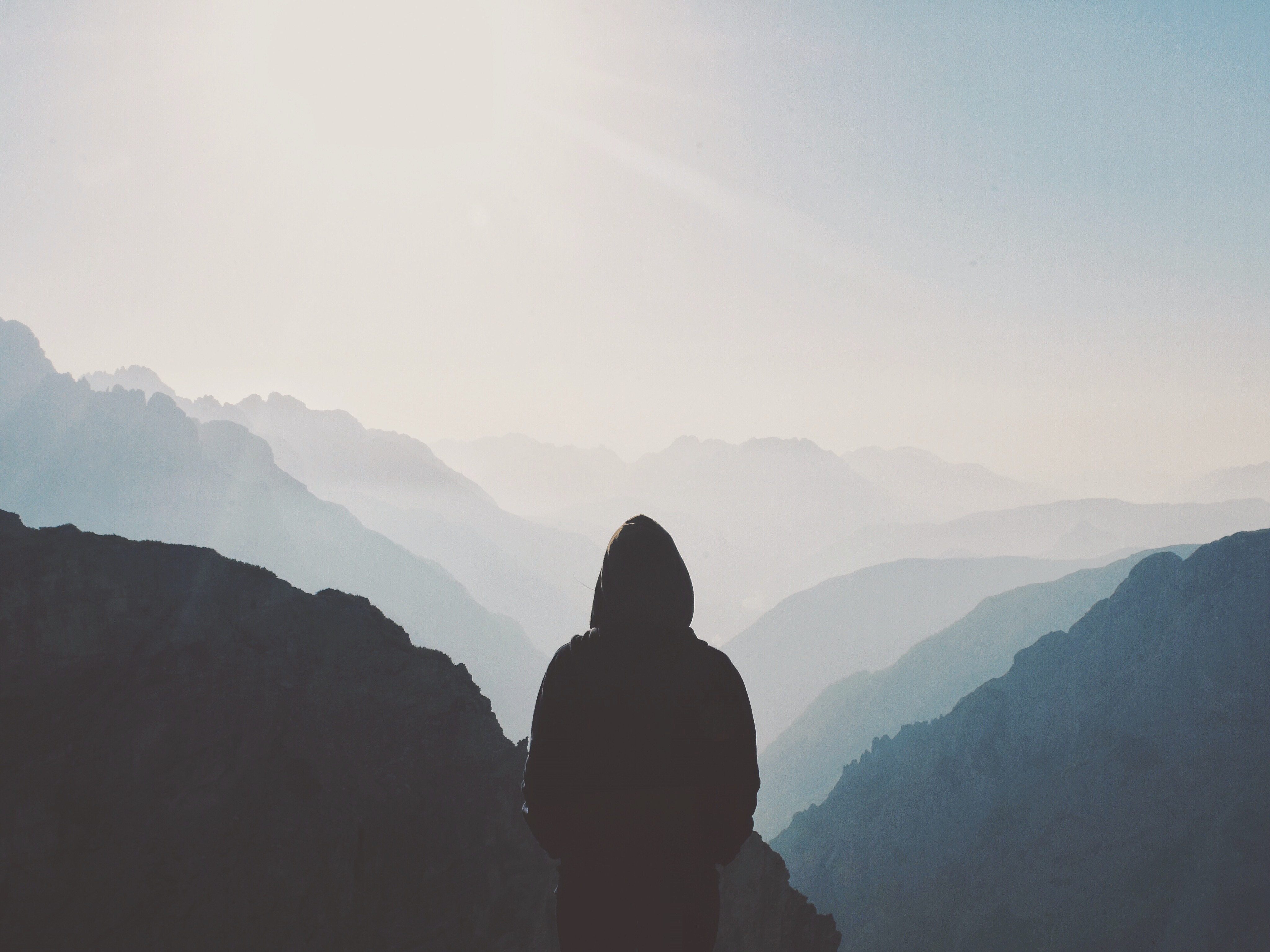 loneliness, hood, silhouette, mountains, miscellanea, miscellaneous, fog Full HD