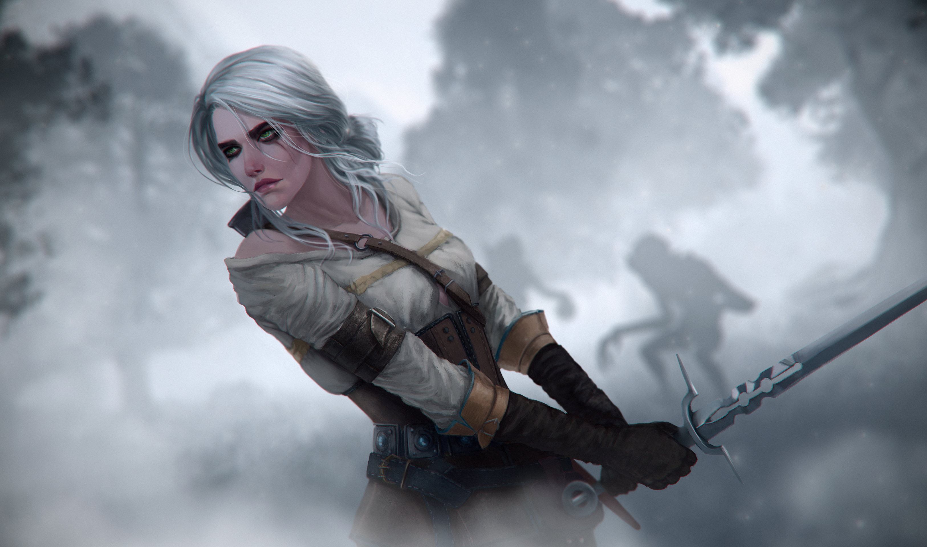 ciri (the witcher), silhouette, video game, the witcher 3: wild hunt, green eyes, sword, white hair, woman warrior, the witcher
