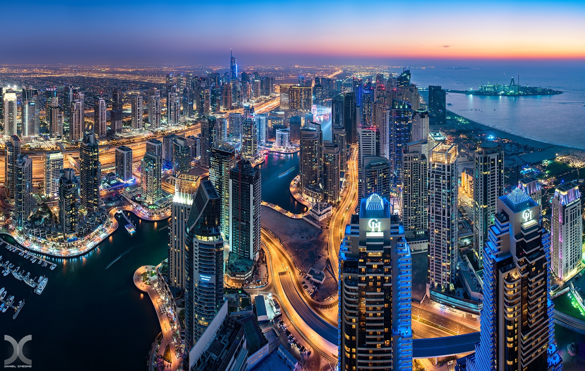 Download mobile wallpaper Cities, Night, City, Skyscraper, Building, Dubai, Cityscape, United Arab Emirates, Aerial, Man Made for free.