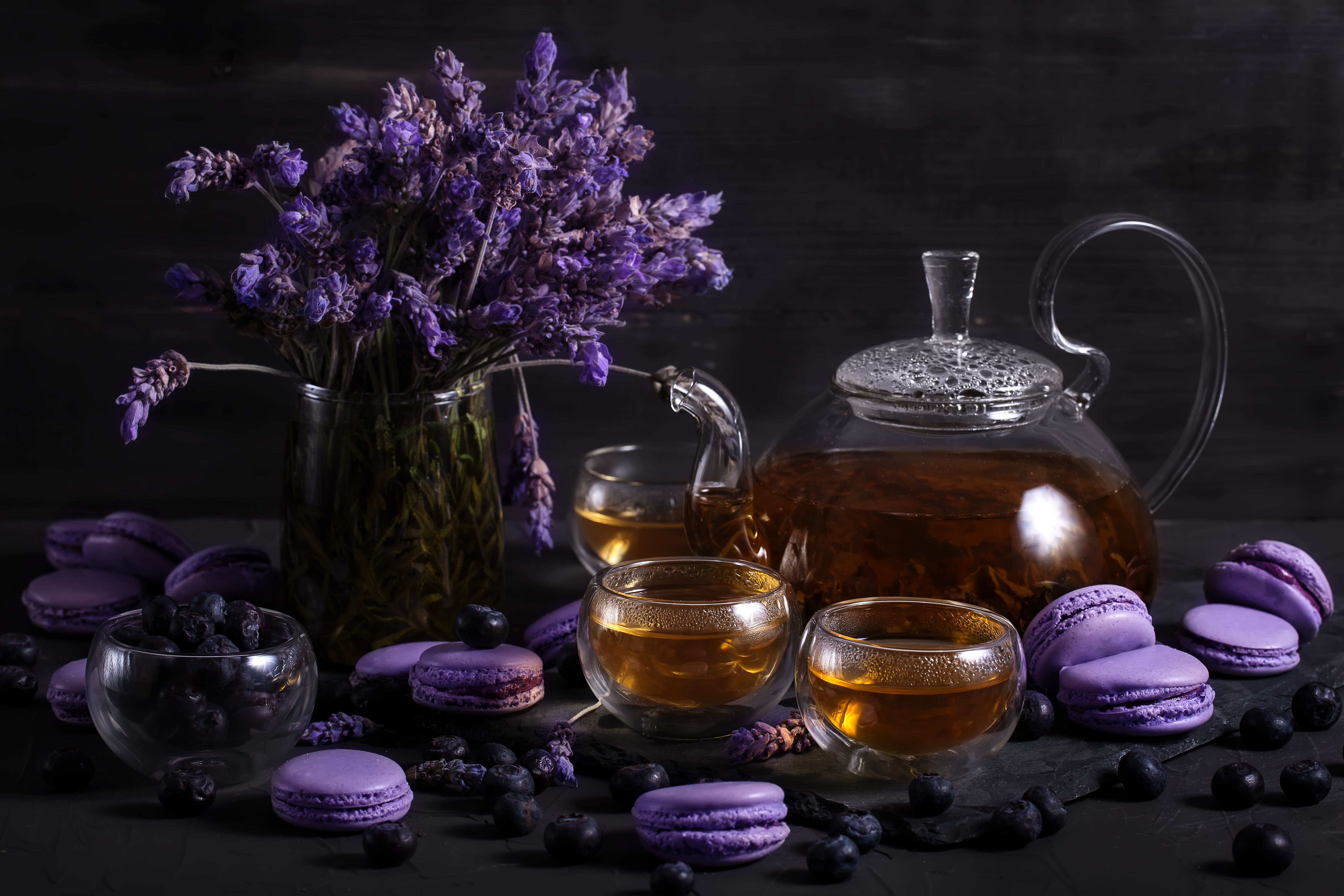 Download mobile wallpaper Food, Still Life, Cup, Tea, Teapot, Macaron for free.