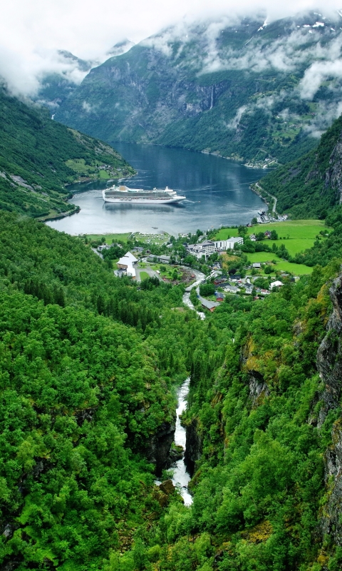 Download mobile wallpaper Mountain, Waterfall, Forest, Earth, Cloud, River, Cruise Ship, Fjord for free.