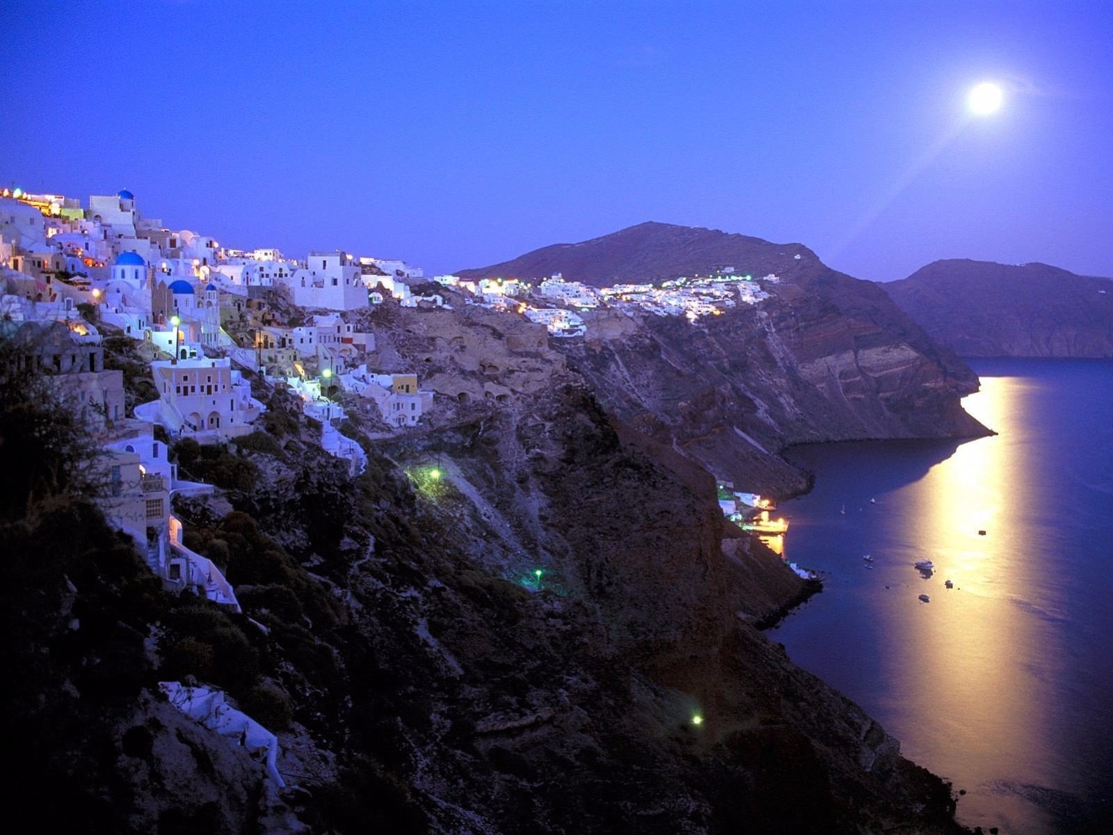 Download mobile wallpaper Sea, Moon, Ocean, Greece, Santorini, Man Made, Towns for free.