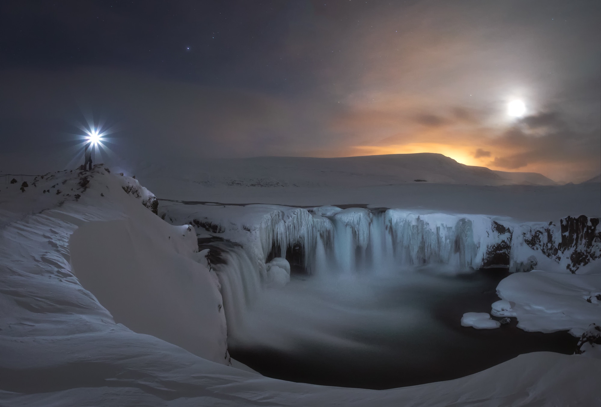 Free download wallpaper Ice, Night, Waterfalls, Snow, Light, Waterfall, Earth, Iceland, Goðafoss on your PC desktop
