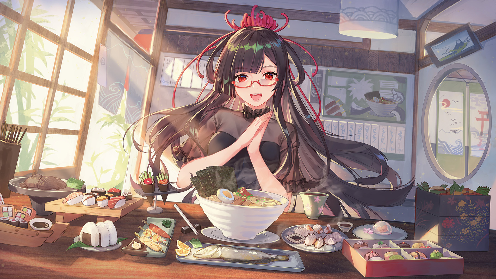 958094 Bild herunterladen animes, original, schwarzes haar, kochen, speisen, lange haare, ramen, rote augen, sushi - Hintergrundbilder und Bildschirmschoner kostenlos