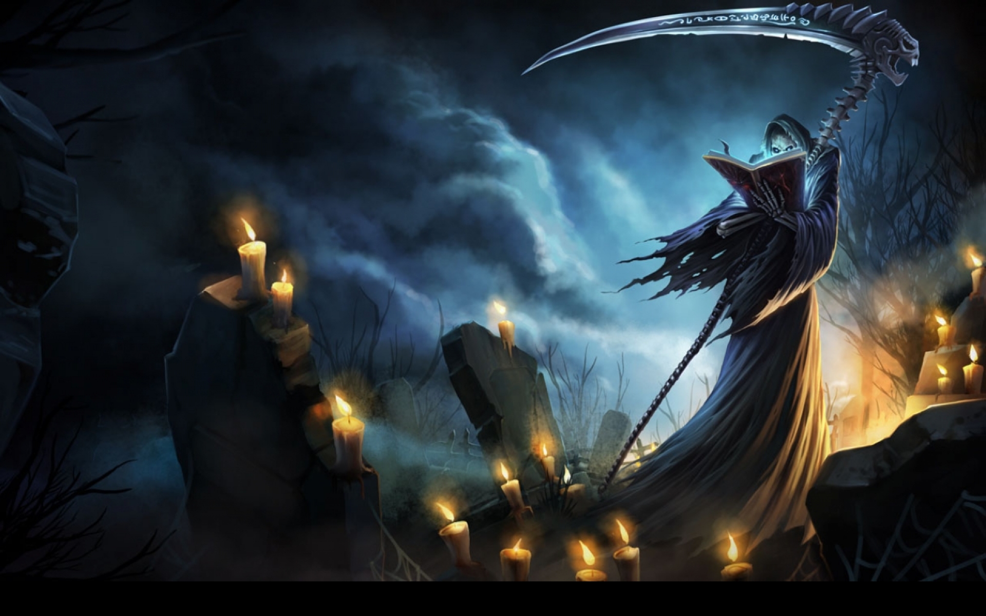 Download mobile wallpaper Halloween, League Of Legends, Holiday, Candle, Grim Reaper, Video Game, Cemetery for free.
