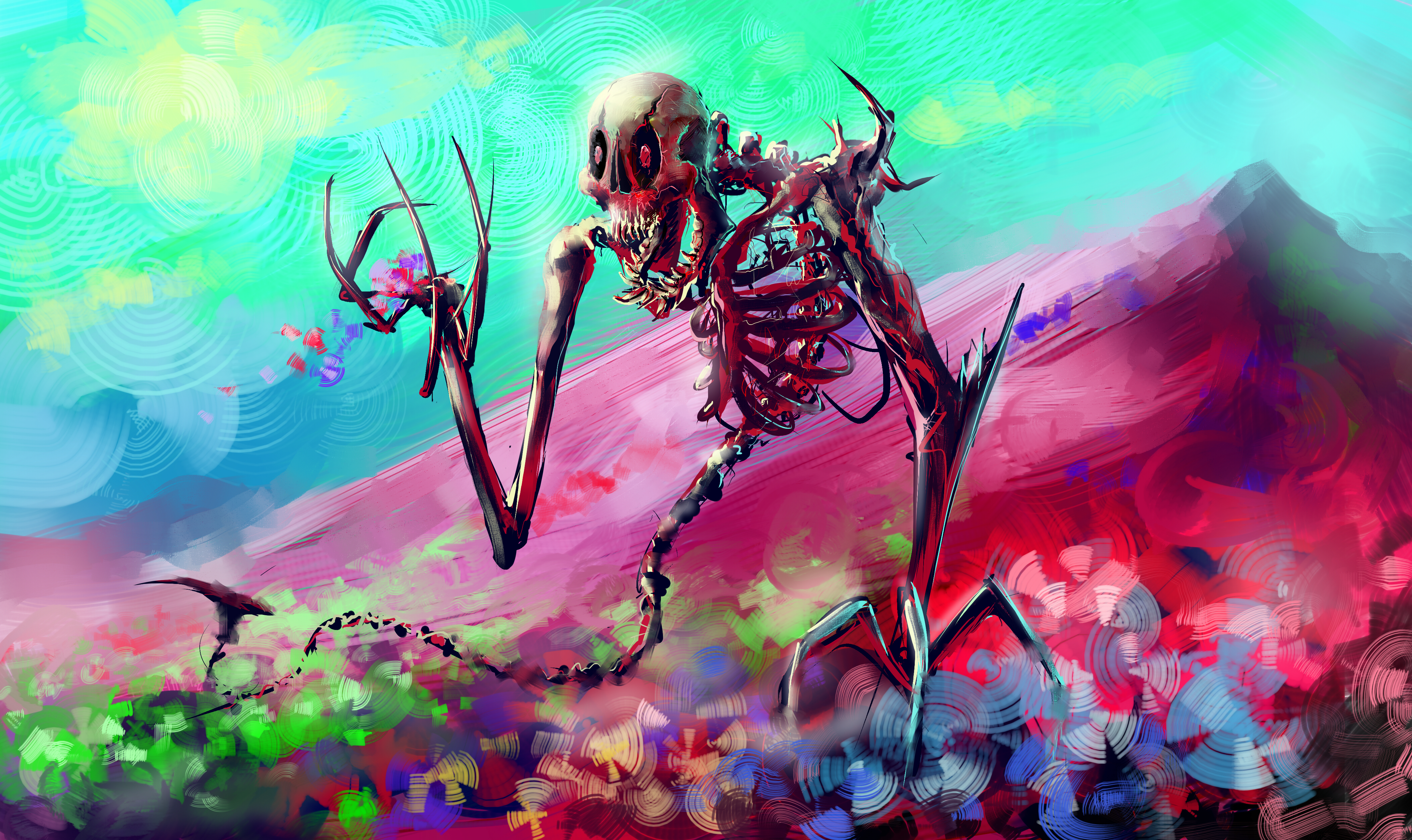 Free download wallpaper Fantasy, Flower, Dark, Colors, Creature, Creepy, Skeleton on your PC desktop