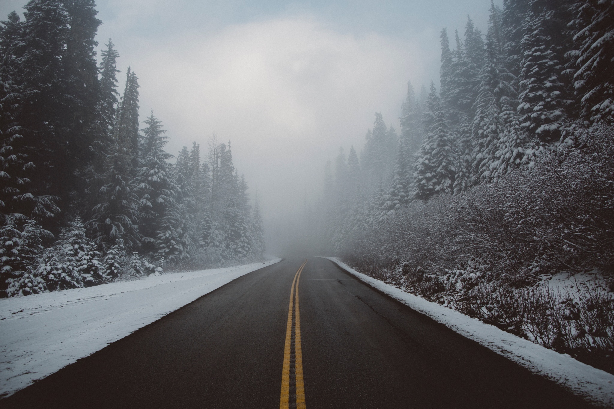 Free download wallpaper Winter, Nature, Snow, Road, Tree, Fog, Man Made on your PC desktop