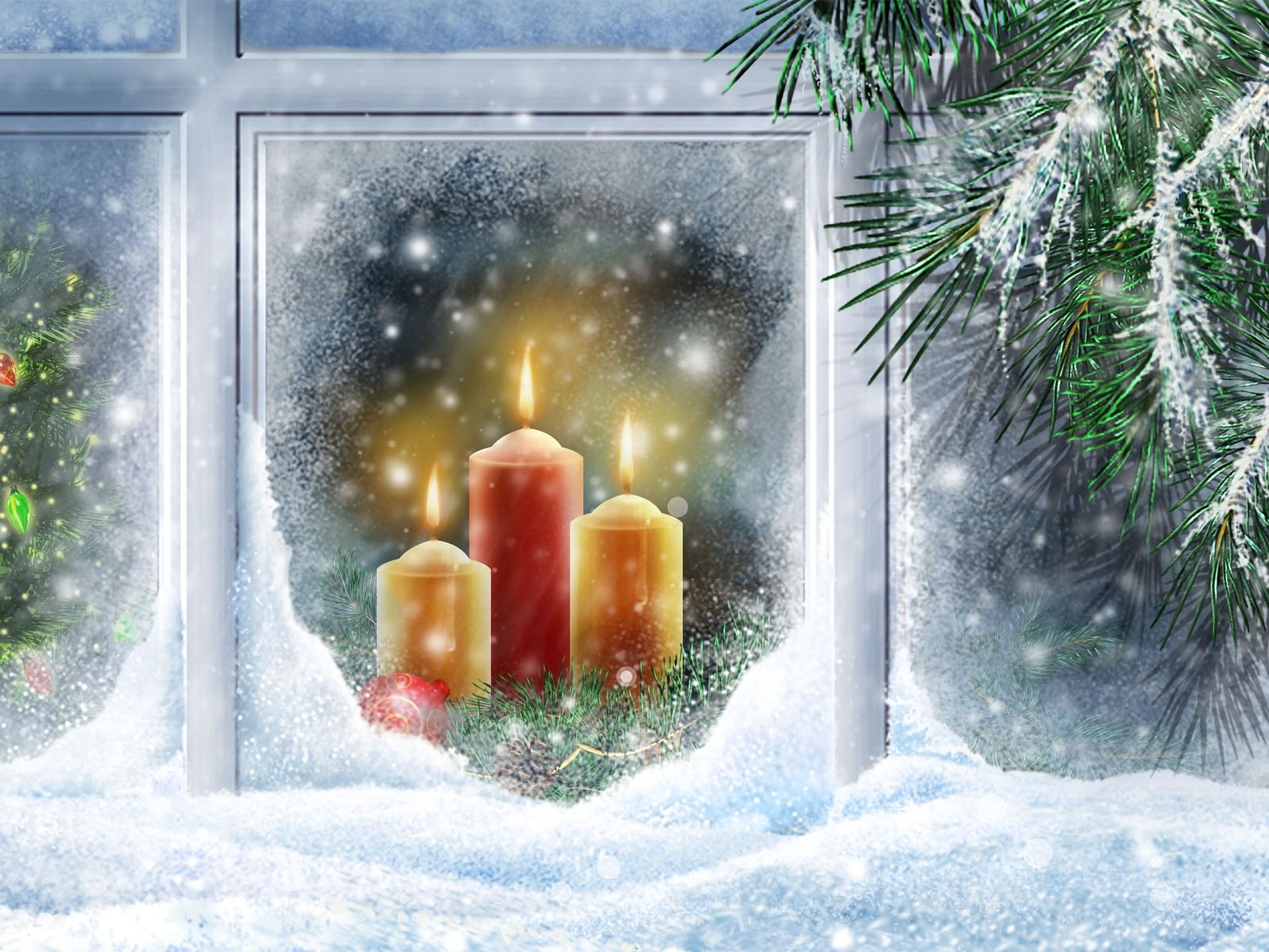 Скачать обои бесплатно Снег, Рождество, Окно, Свеча, Праздничные картинка на рабочий стол ПК