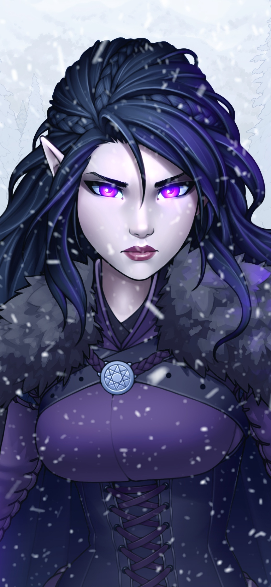 Download mobile wallpaper Winter, Magic, Fantasy, Sorceress, Long Hair, Pointed Ears, Purple Eyes for free.