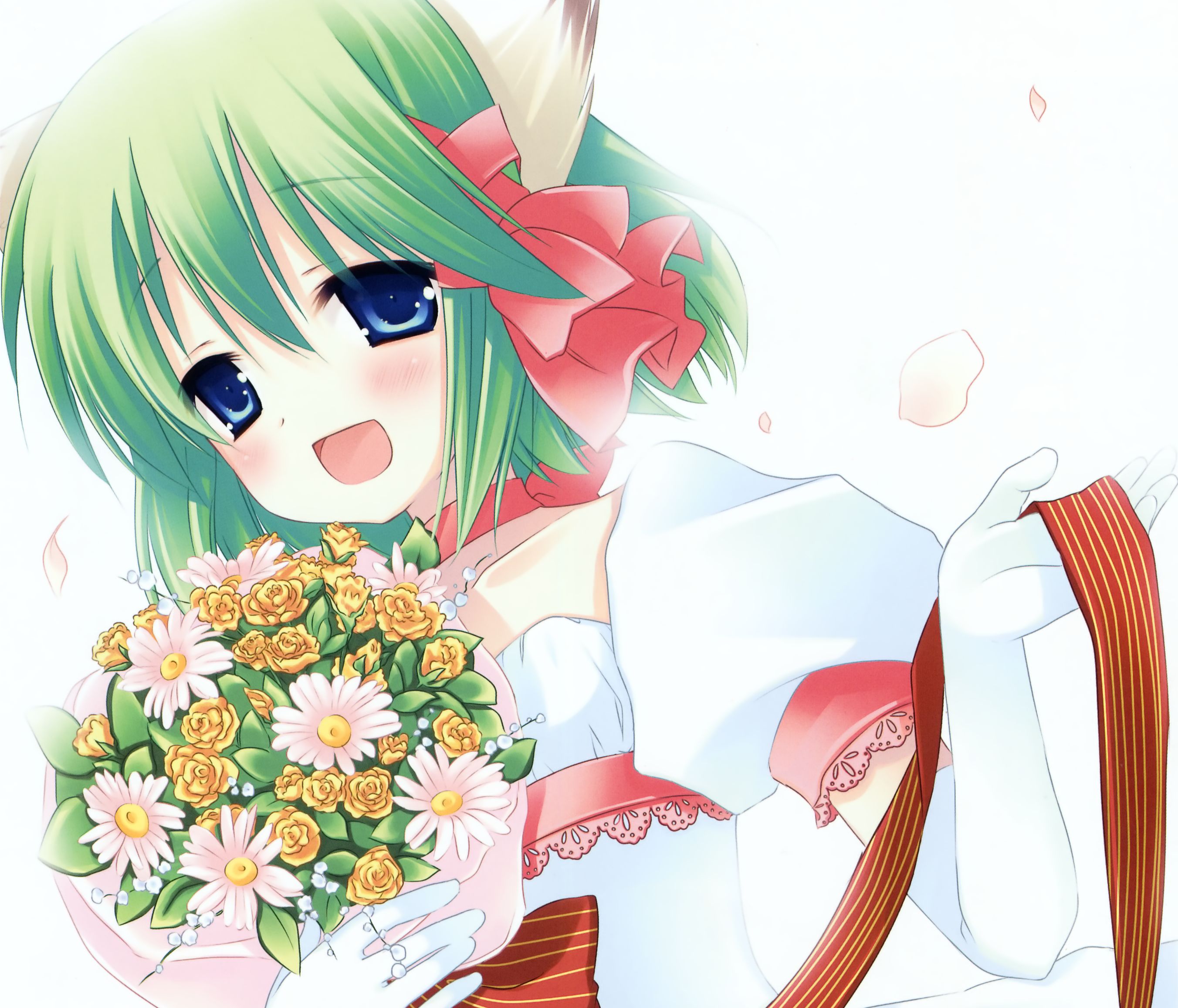 Free download wallpaper Anime, Bouquet, Smile, Green Hair, Glove, Blue Eyes, Original, Blush, Short Hair on your PC desktop
