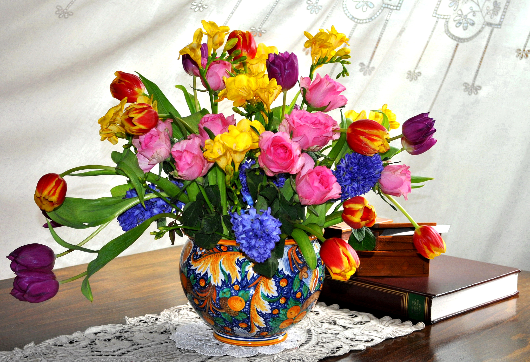 photography, still life, book, colorful, hyacinth, tulip, vase