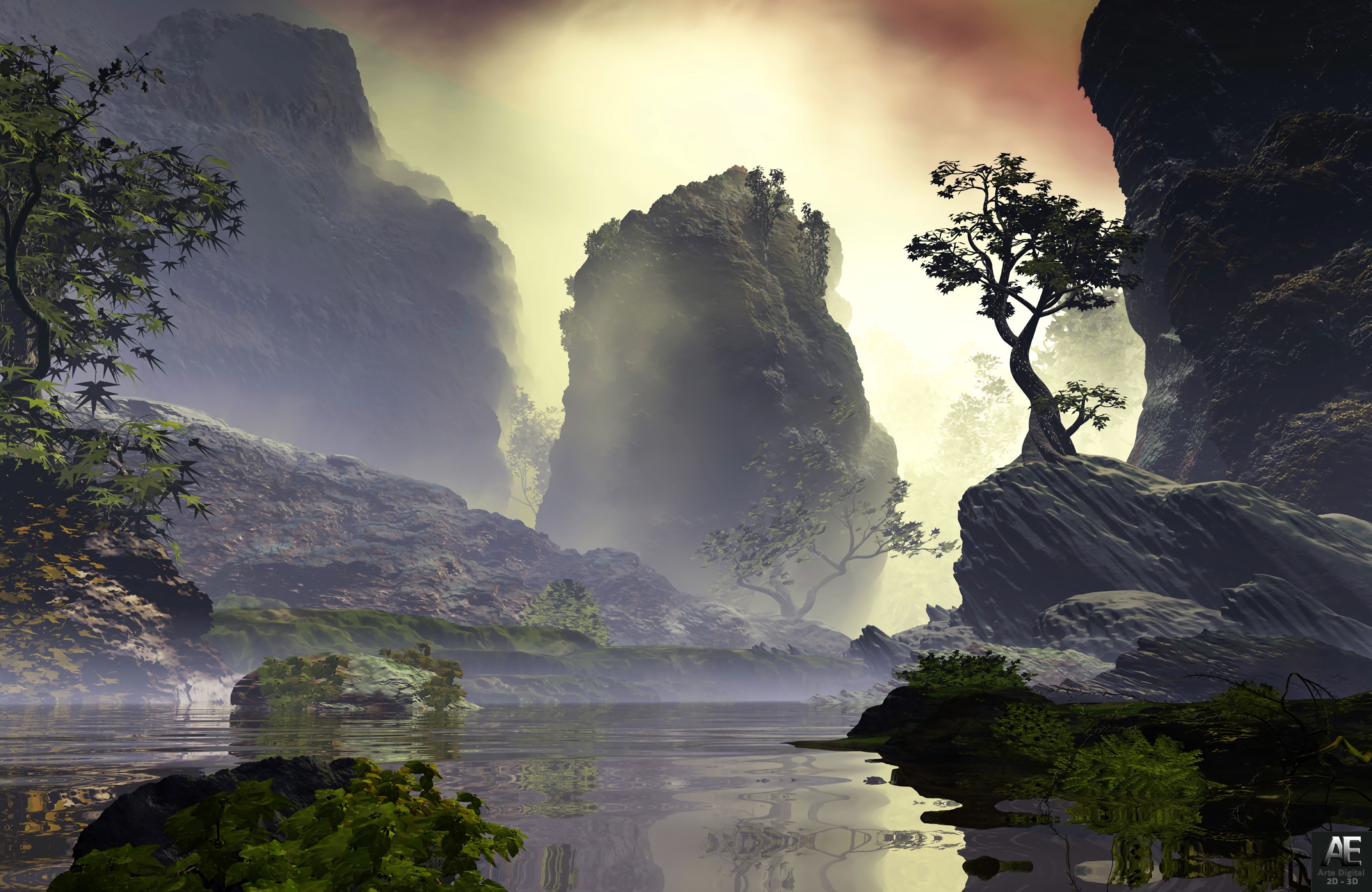 Free download wallpaper Rocks, Lake, Tree, Art, Wood, Fog on your PC desktop