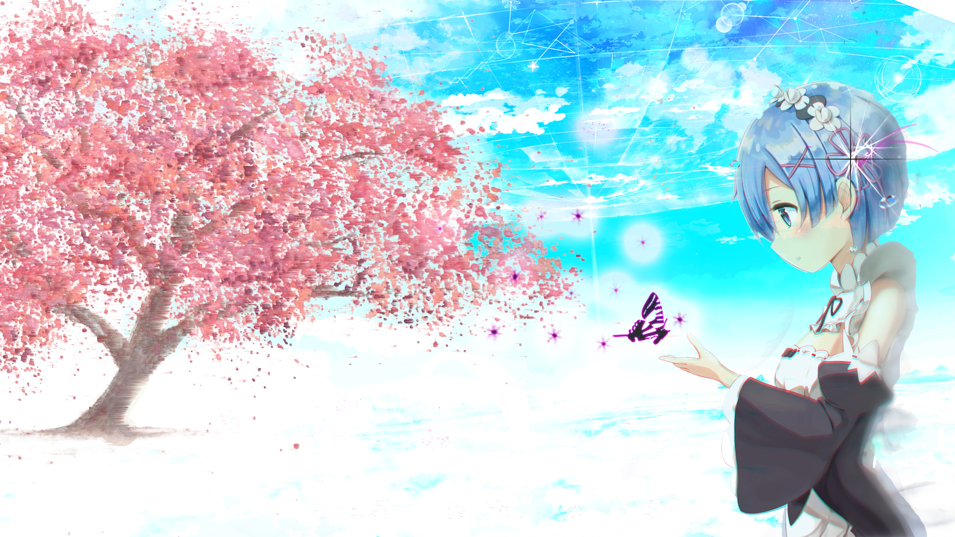 Laden Sie das Schmetterlinge, Sakura, Himmel, Animes, Re:zero Das Leben In Einer Anderen Welt Beginnen, Rem (Re: Null)-Bild kostenlos auf Ihren PC-Desktop herunter