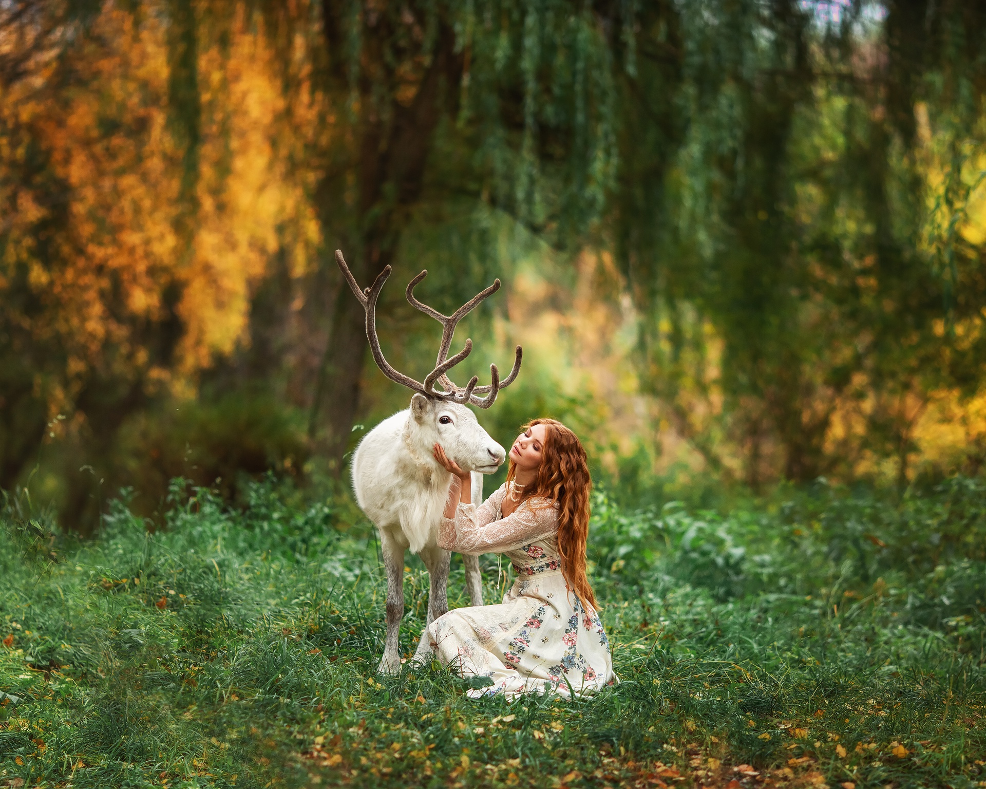 Download mobile wallpaper Redhead, Mood, Deer, Dress, Model, Women, Long Hair for free.