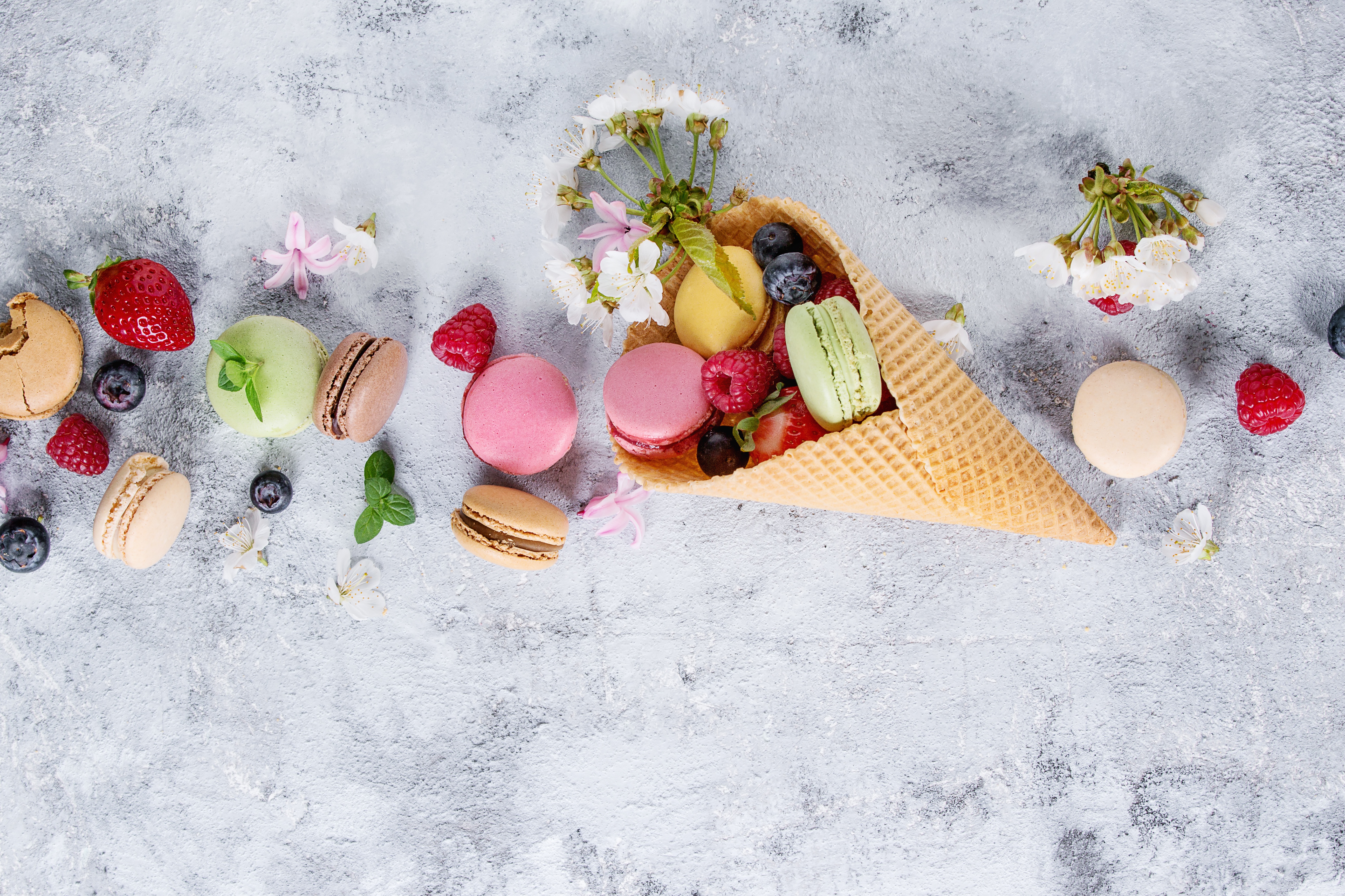 Free download wallpaper Food, Still Life, Berry, Macaron, Waffle Cone on your PC desktop