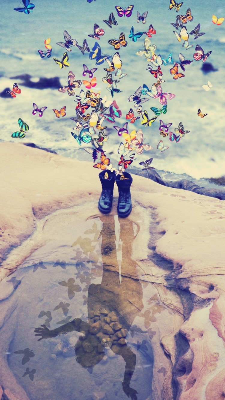 Download mobile wallpaper Reflection, Butterfly, Boots, Child, Photography, Manipulation for free.