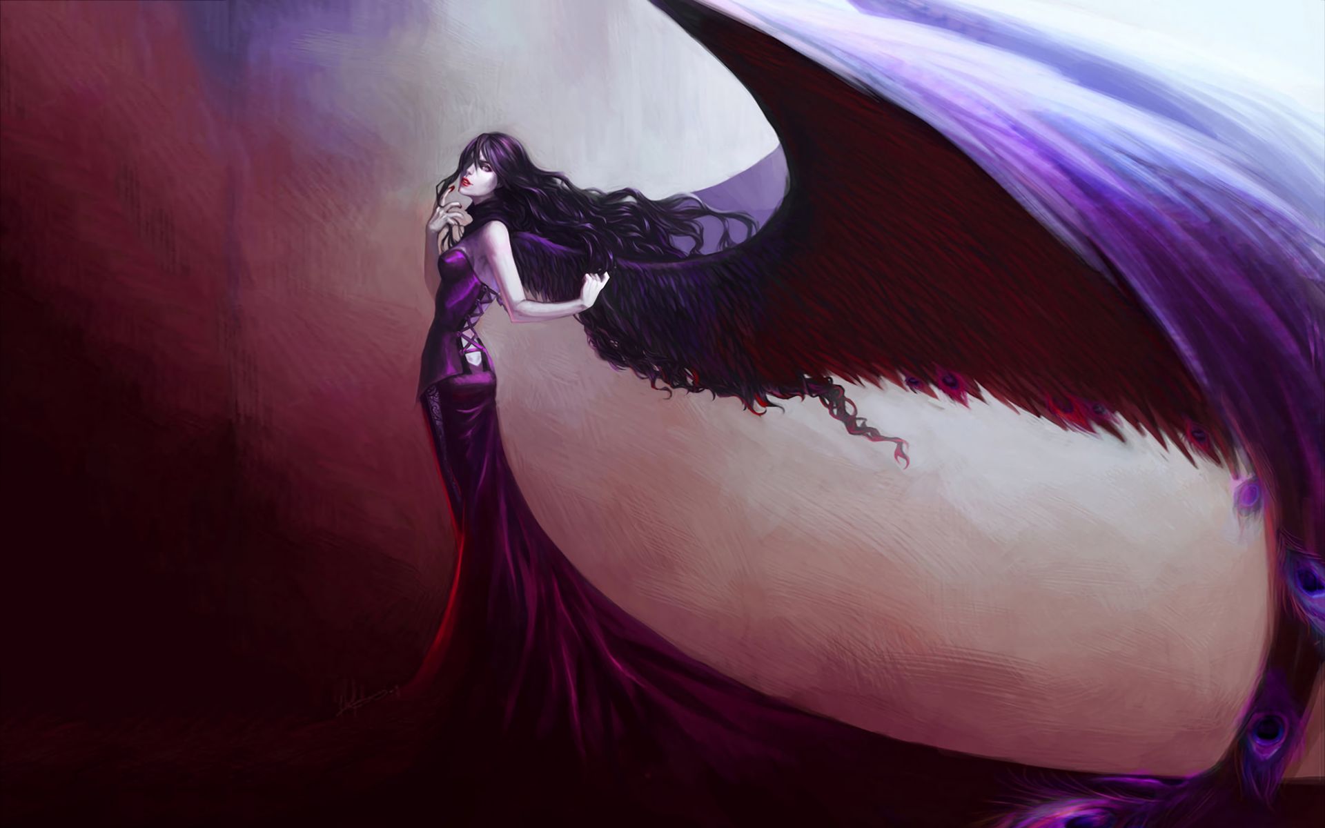 無料モバイル壁紙天使, 暗い, 紫の, 翼をダウンロードします。