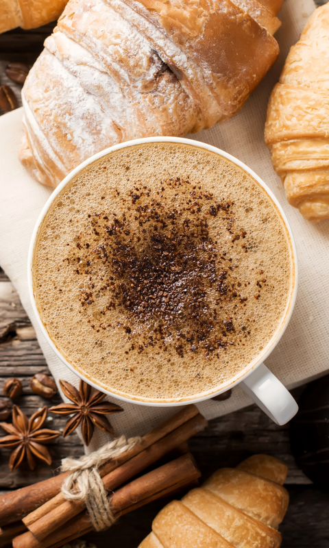Download mobile wallpaper Food, Coffee, Cinnamon, Cup, Coffee Beans, Breakfast, Croissant, Star Anise for free.