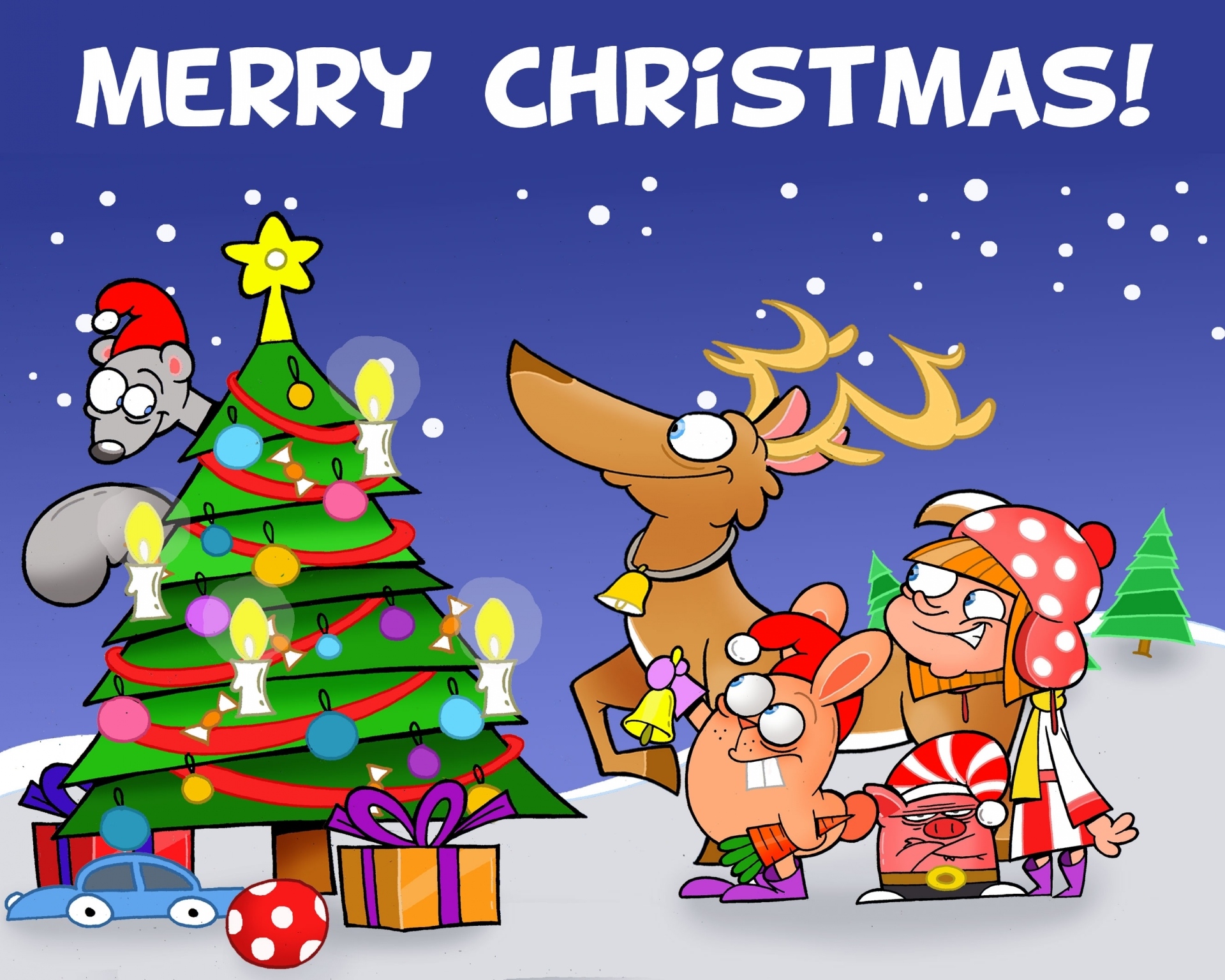 Handy-Wallpaper Feiertage, Spielzeug, Schnee, Weihnachten, Lichter, Karikatur, Weihnachtsbaum, Rentier kostenlos herunterladen.