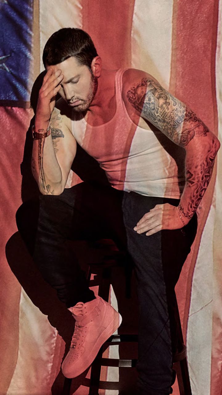 Descarga gratuita de fondo de pantalla para móvil de Música, Eminem, Bandera Americana, Rapero, Bandera Estadounidense.