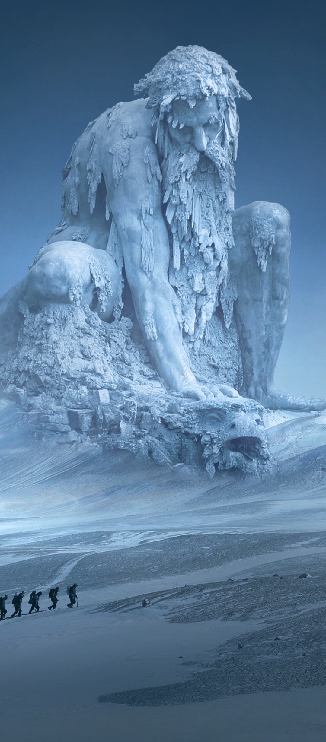 Download mobile wallpaper Landscape, People, Fantasy, Snow, Statue, Adventure for free.