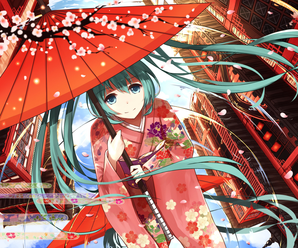 Descarga gratuita de fondo de pantalla para móvil de Paraguas, Vocaloid, Kimono, Ojos Azules, Pétalo, Animado, Pelo Largo, Pelo Azul, Hatsune Miku, Sombrilla.