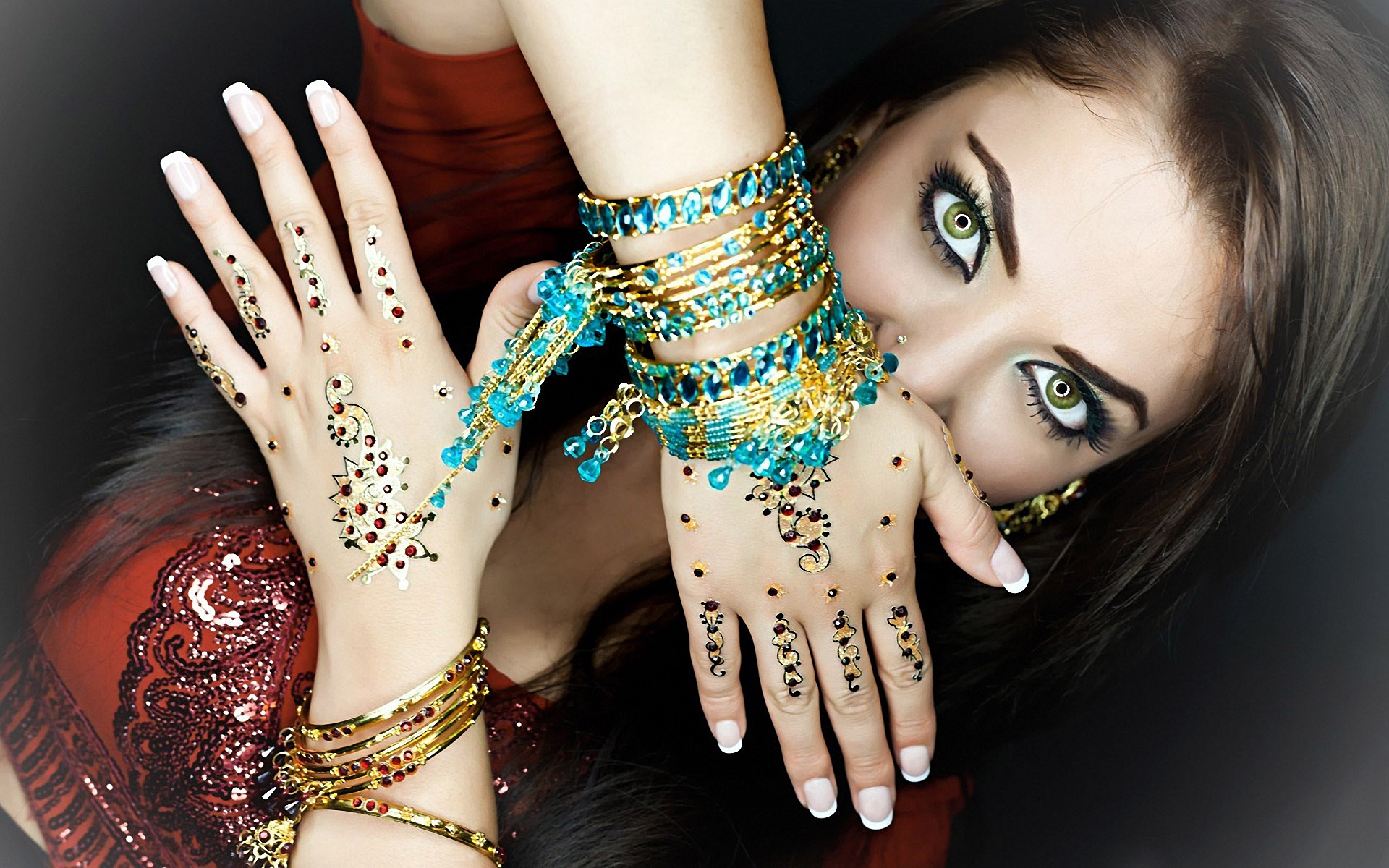 Download mobile wallpaper Jewelry, Brunette, Women, Makeup, Green Eyes, Indian, Asian for free.