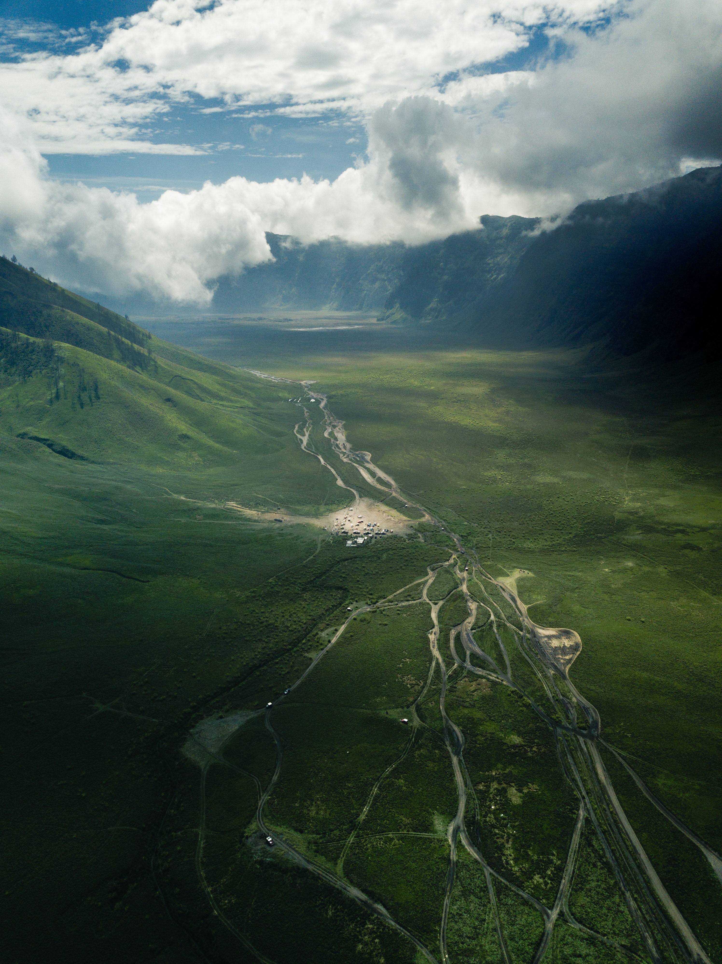 view from above, roads, landscape, nature, clouds, hills, valley
